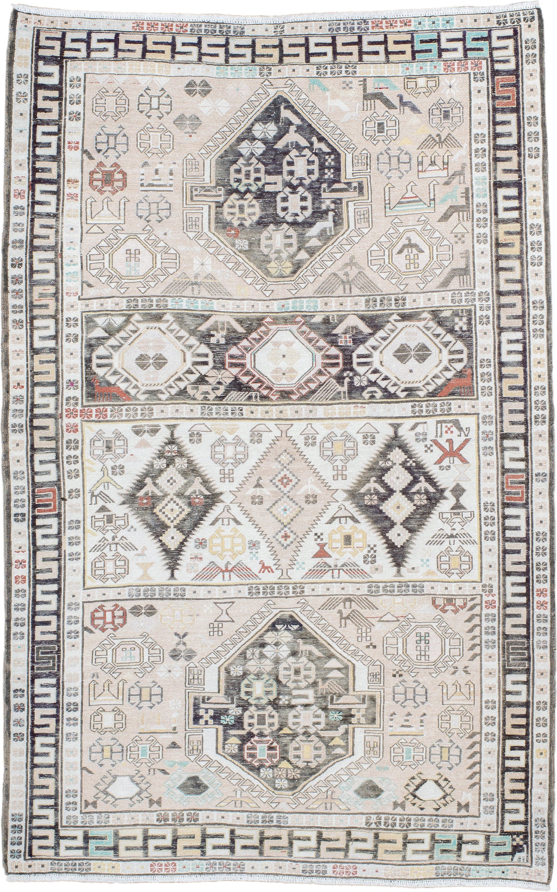 4' x 6' one-of-a-kind handmade antique Sumak small size rug. Color palette: ivory, charcoal, taupe, soft blue, rust, camel