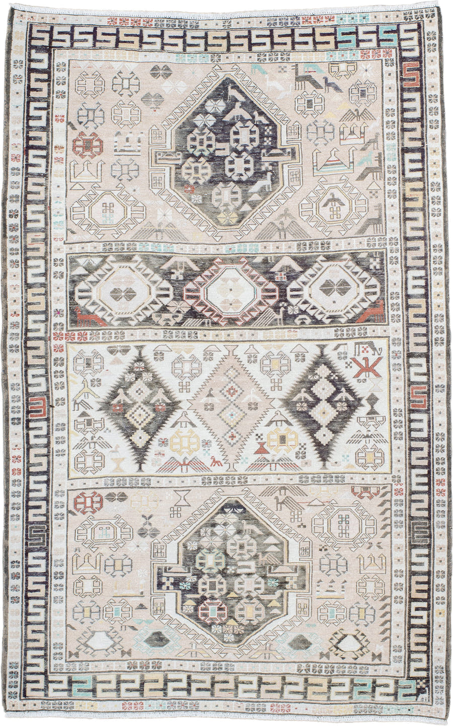 4' x 6' one-of-a-kind handmade antique Sumak small size rug. Color palette: ivory, charcoal, taupe, soft blue, rust, camel