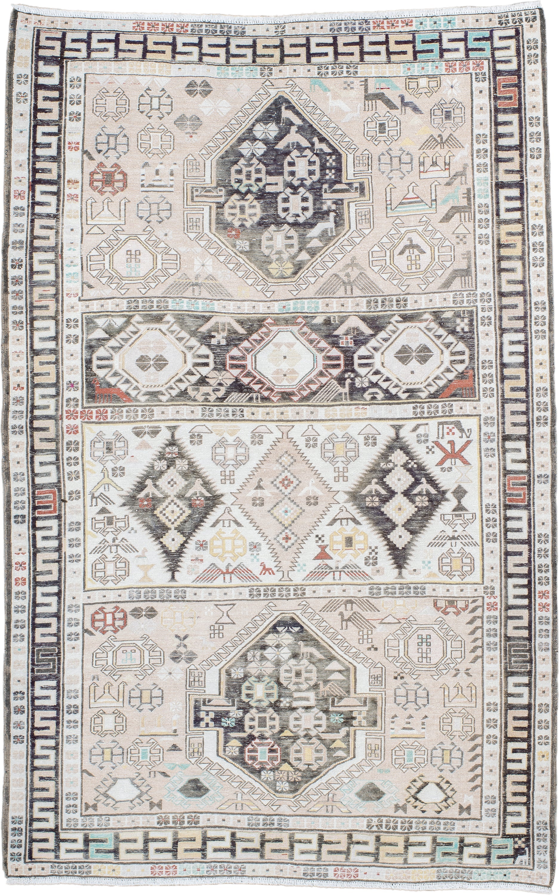 4' x 6' one-of-a-kind handmade antique Sumak small size rug. Color palette: ivory, charcoal, taupe, soft blue, rust, camel