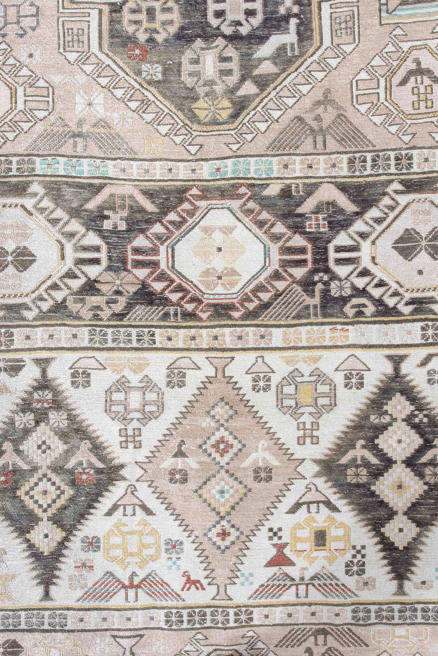 4' x 6' one-of-a-kind handmade antique Sumak small size rug. Color palette: ivory, charcoal, taupe, soft blue, rust, camel
