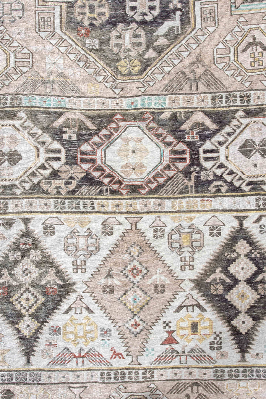 4' x 6' one-of-a-kind handmade antique Sumak small size rug. Color palette: ivory, charcoal, taupe, soft blue, rust, camel