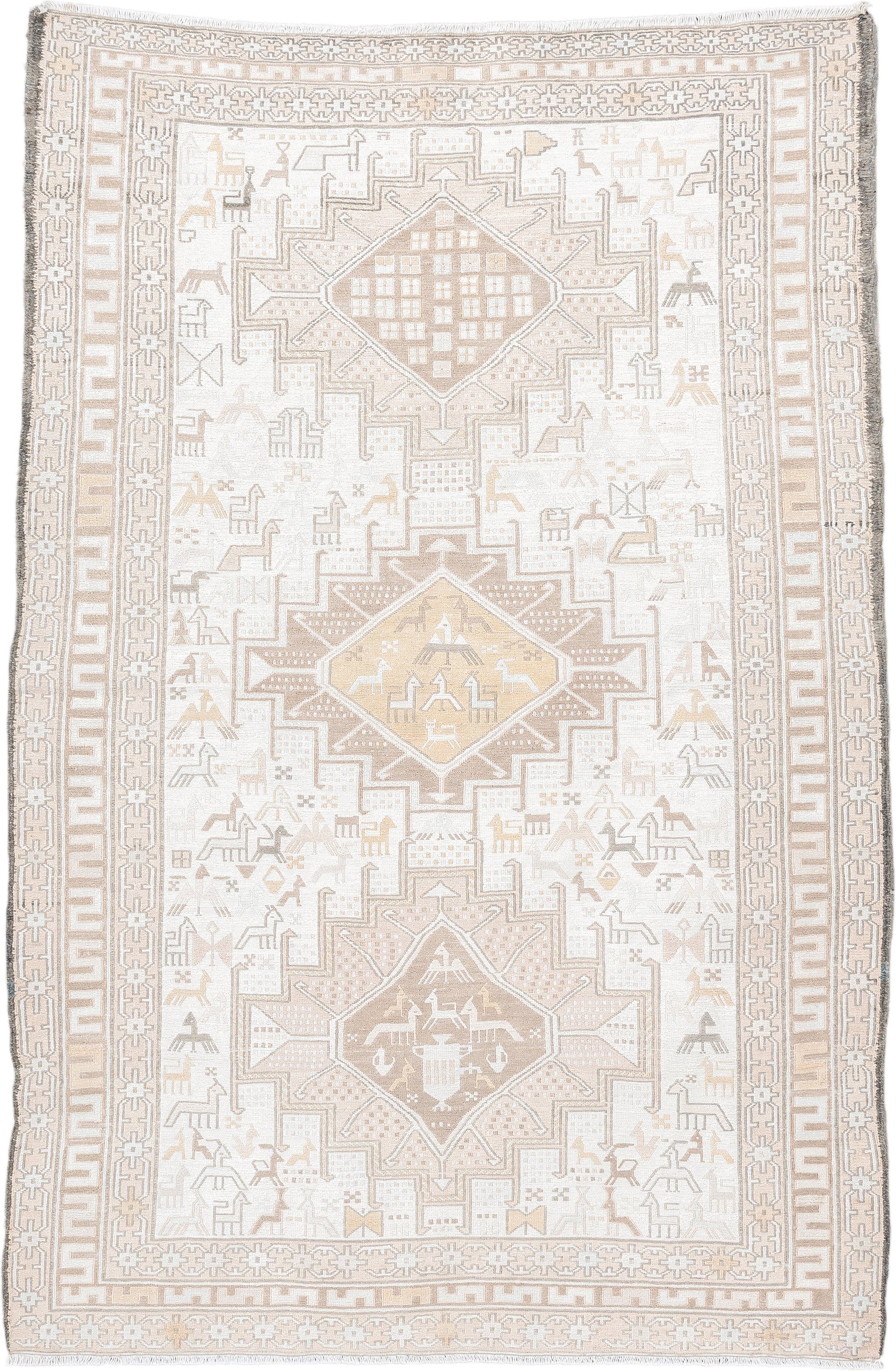 3' x 5' one-of-a-kind handmade vintage Sumak small size rug. Color palette: ivory, beige, taupe, cream, pale gold, camel