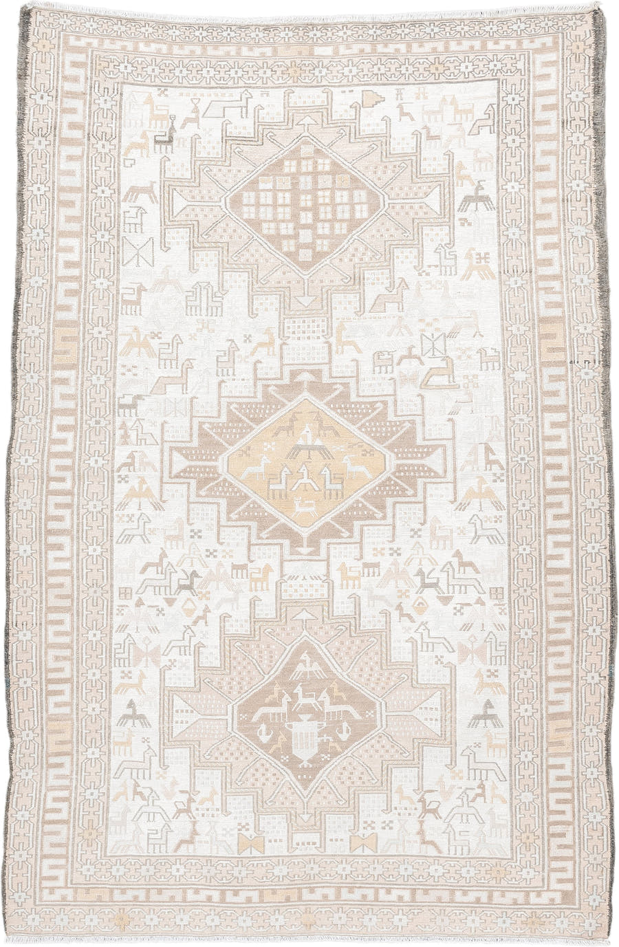 3' x 5' one-of-a-kind handmade vintage Sumak small size rug. Color palette: ivory, beige, taupe, cream, pale gold, camel