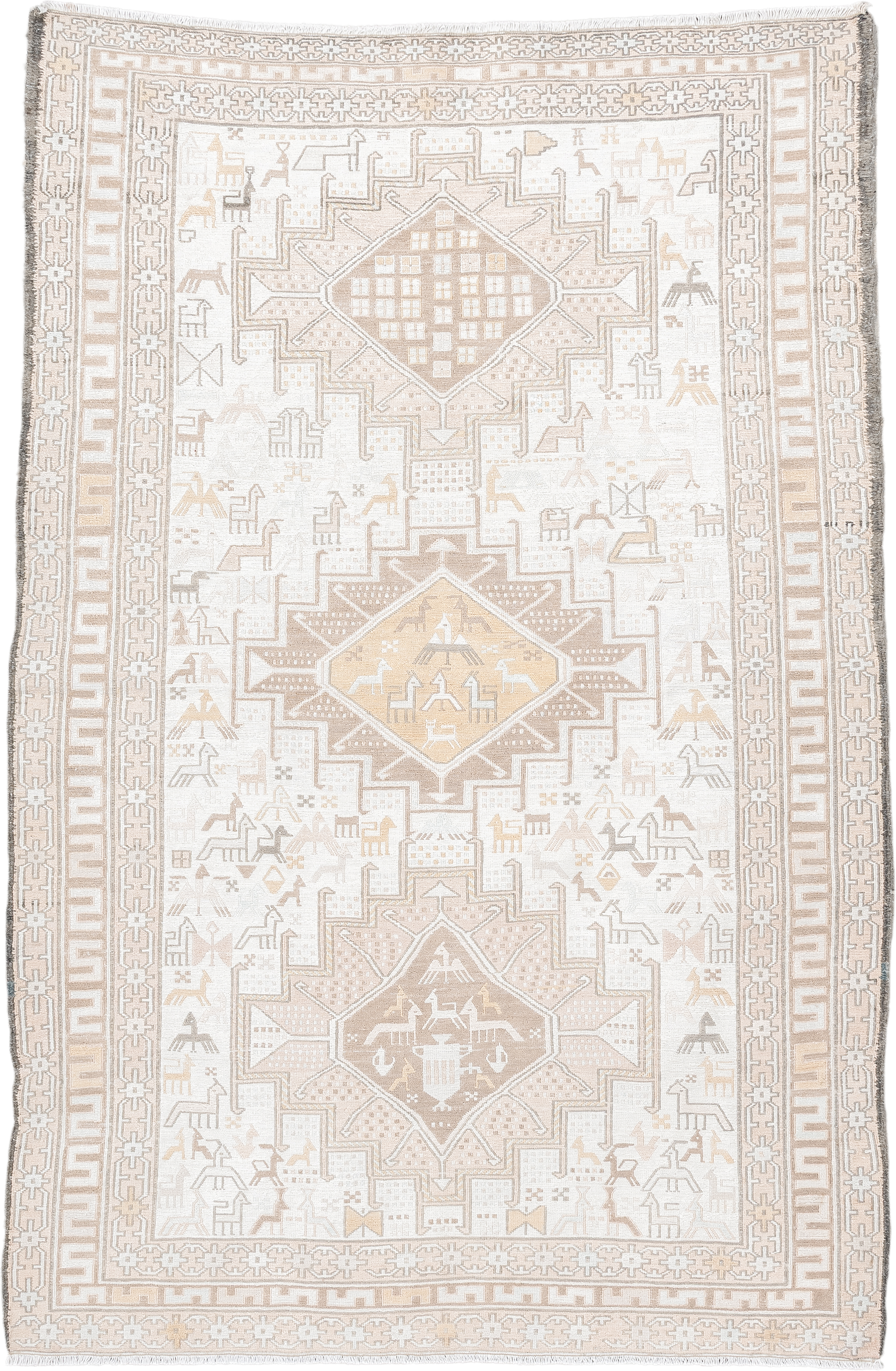 3' x 5' one-of-a-kind handmade vintage Sumak small size rug. Color palette: ivory, beige, taupe, cream, pale gold, camel