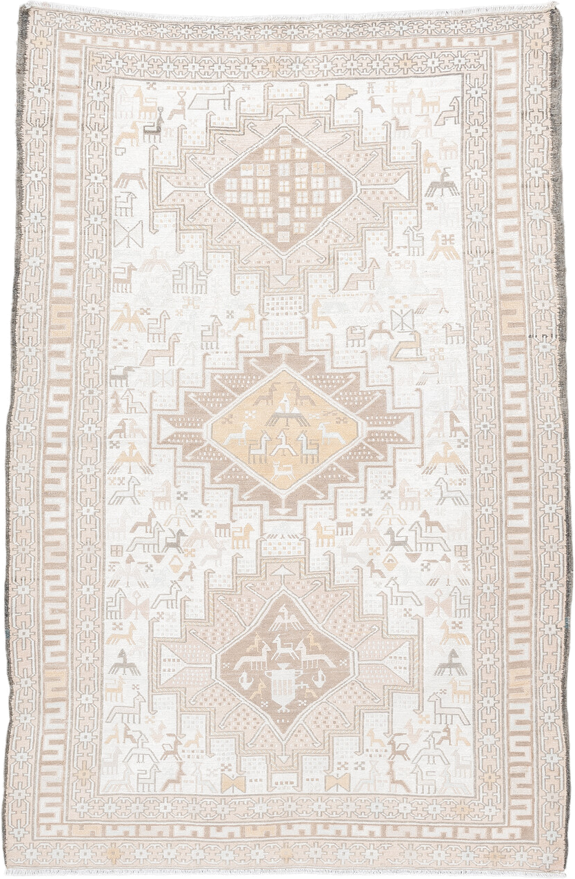 3' x 5' one-of-a-kind handmade vintage Sumak small size rug. Color palette: ivory, beige, taupe, cream, pale gold, camel