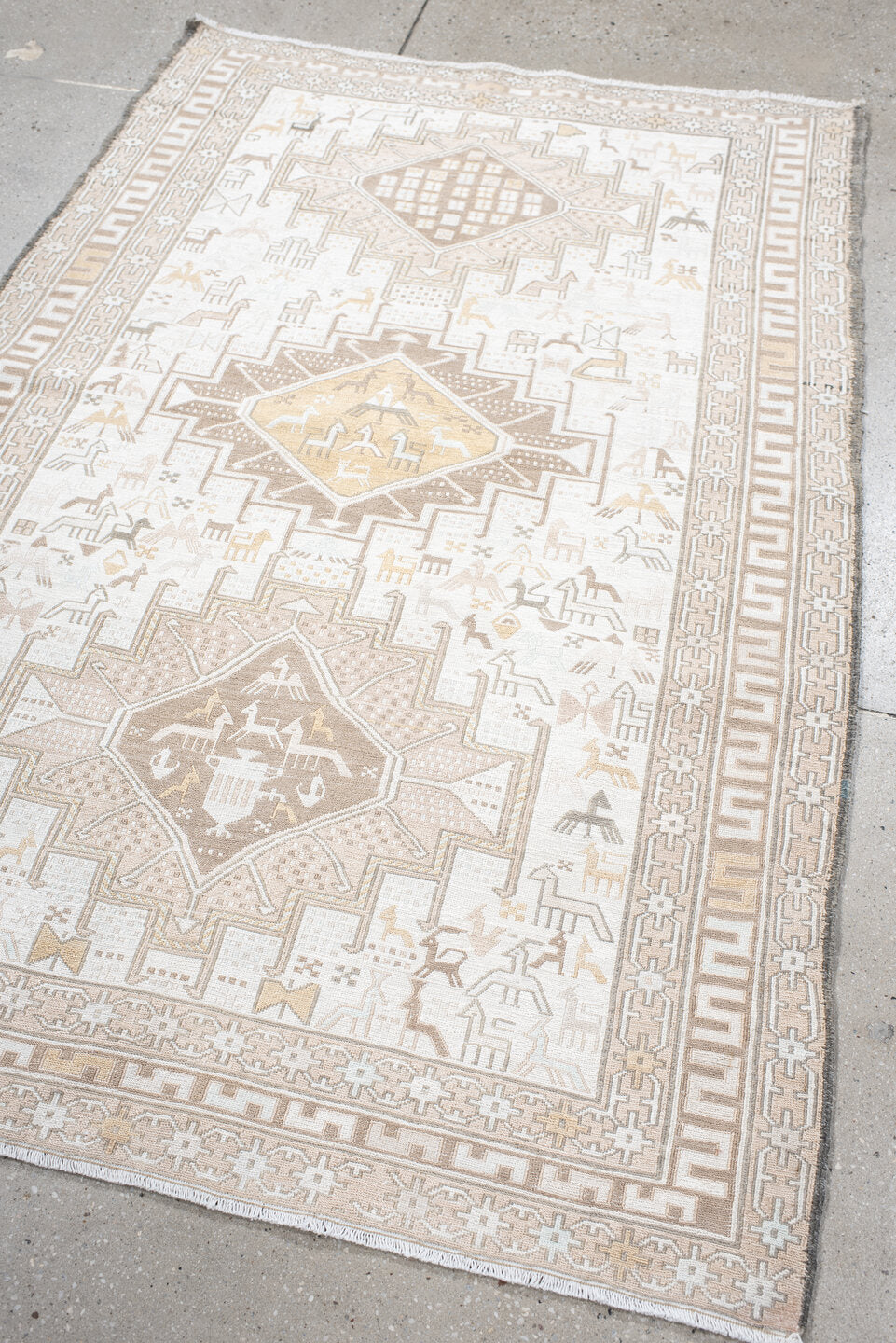 3' x 5' one-of-a-kind handmade vintage Sumak small size rug. Color palette: ivory, beige, taupe, cream, pale gold, camel