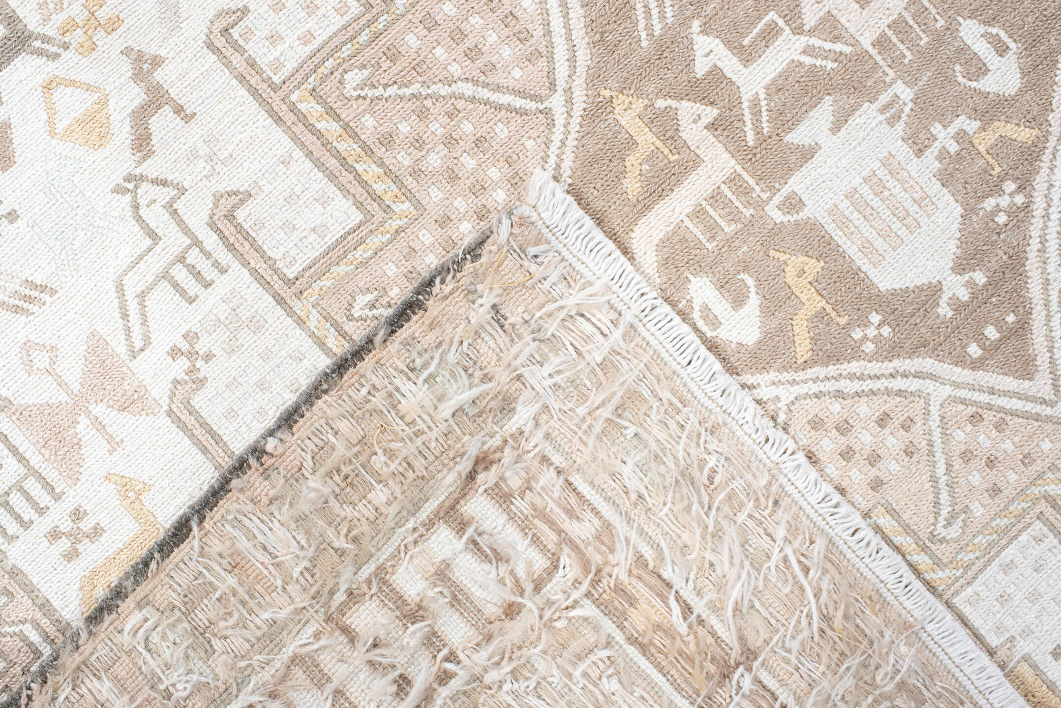 3' x 5' one-of-a-kind handmade vintage Sumak small size rug. Color palette: ivory, beige, taupe, cream, pale gold, camel