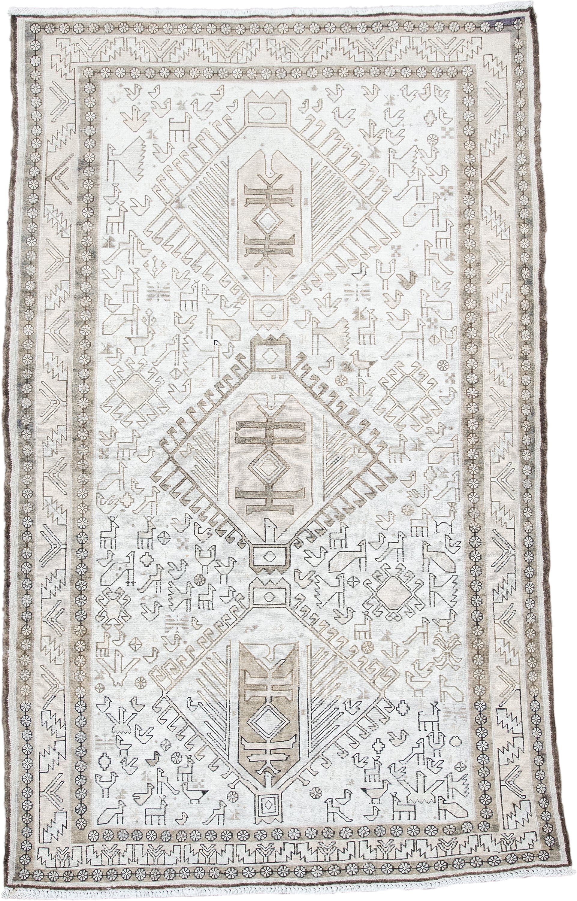 3' x 5' one-of-a-kind handmade antique Sumak small size rug. Color palette: ivory, taupe, brown, camel, gray, beige