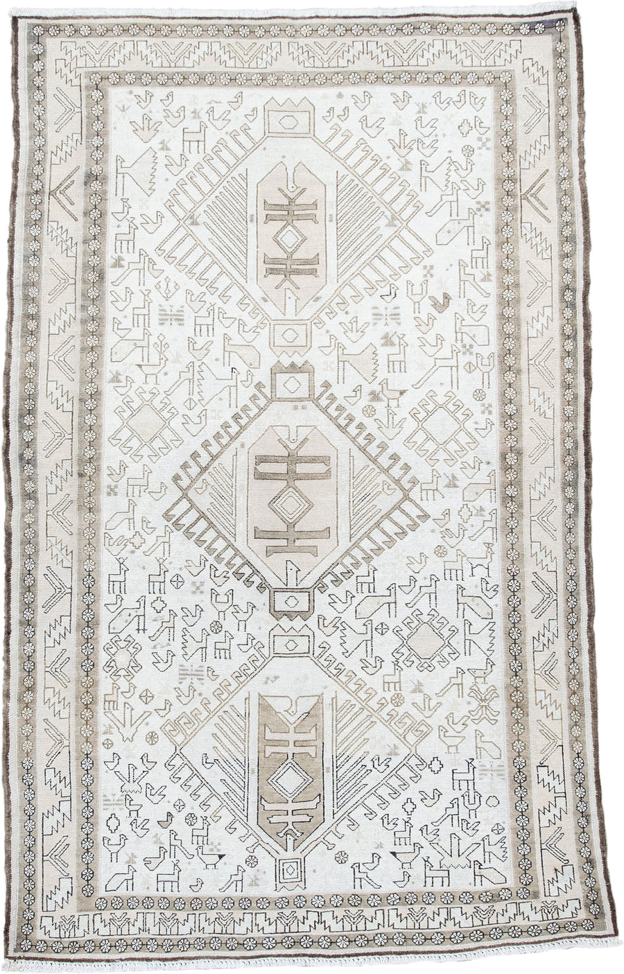 3' x 5' one-of-a-kind handmade antique Sumak small size rug. Color palette: ivory, taupe, brown, camel, gray, beige