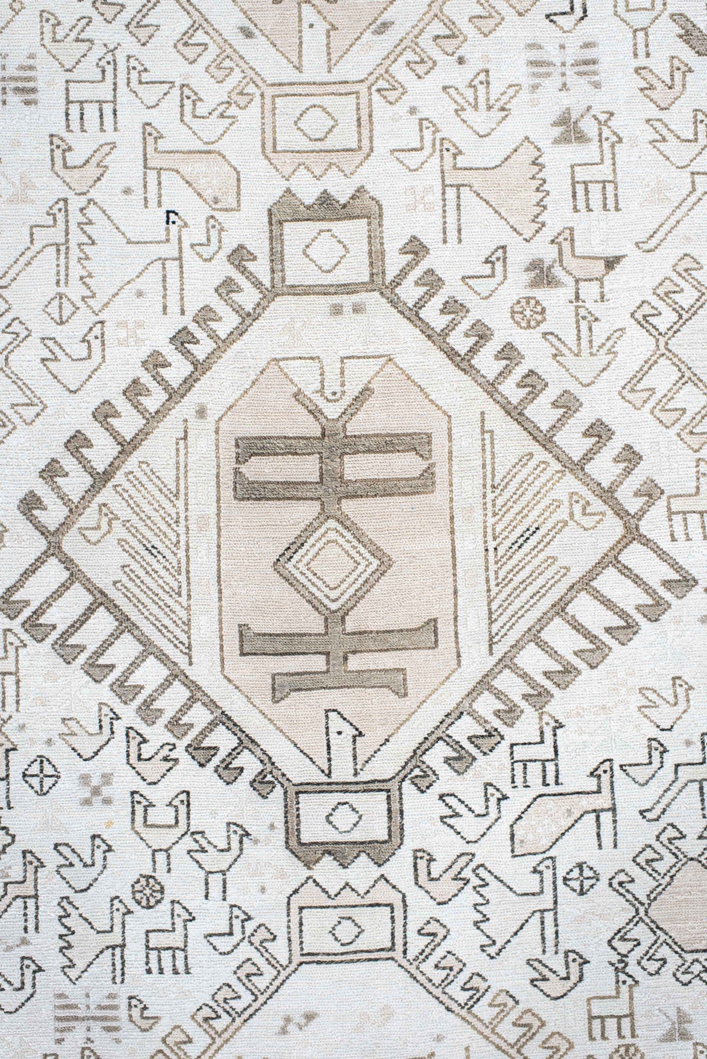 3' x 5' one-of-a-kind handmade antique Sumak small size rug. Color palette: ivory, taupe, brown, camel, gray, beige
