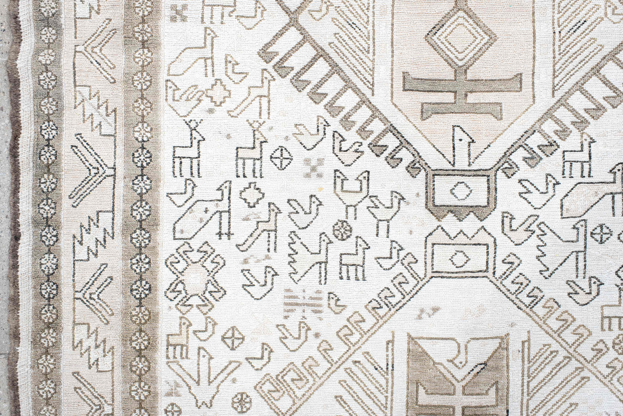3' x 5' one-of-a-kind handmade antique Sumak small size rug. Color palette: ivory, taupe, brown, camel, gray, beige