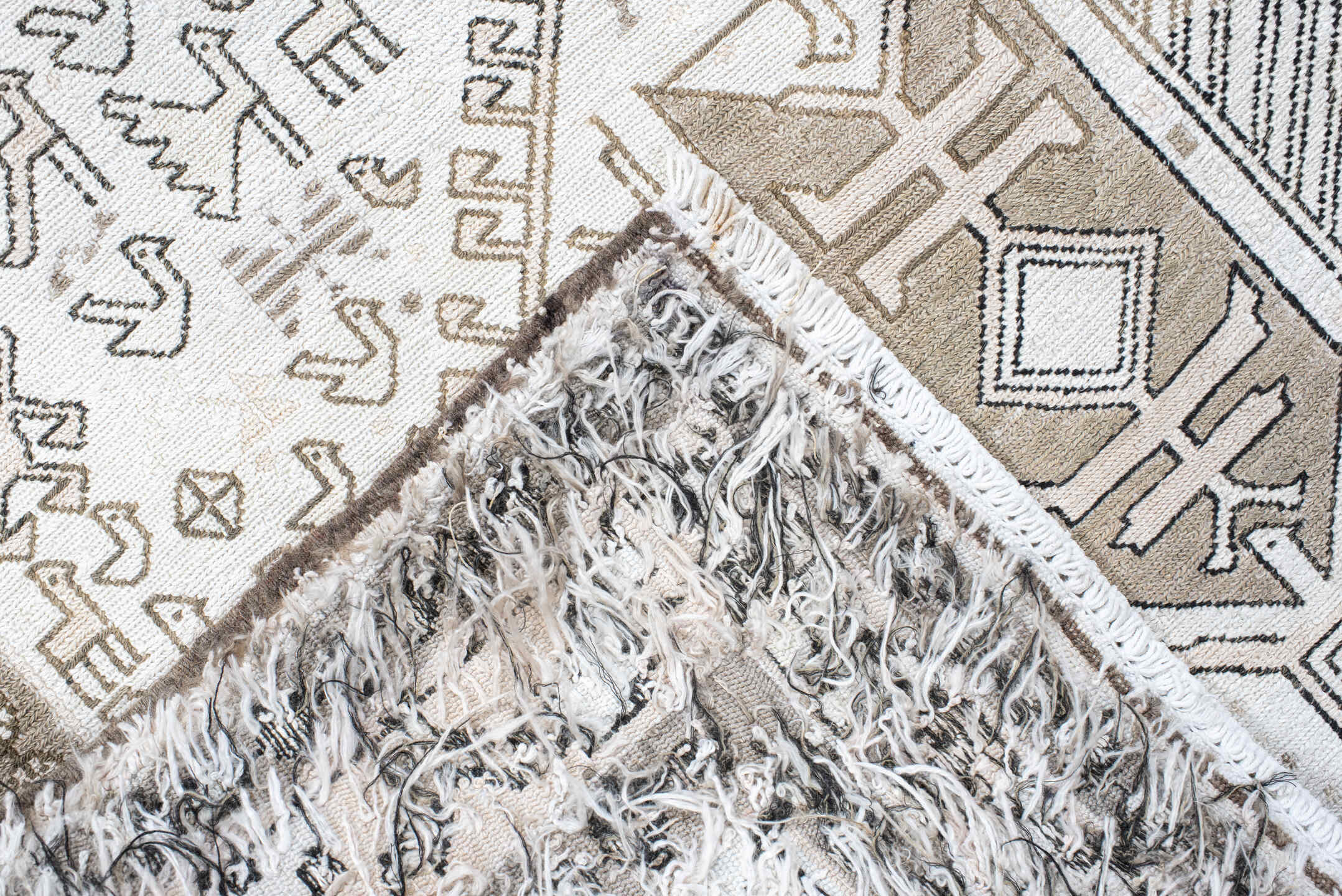 3' x 5' one-of-a-kind handmade antique Sumak small size rug. Color palette: ivory, taupe, brown, camel, gray, beige