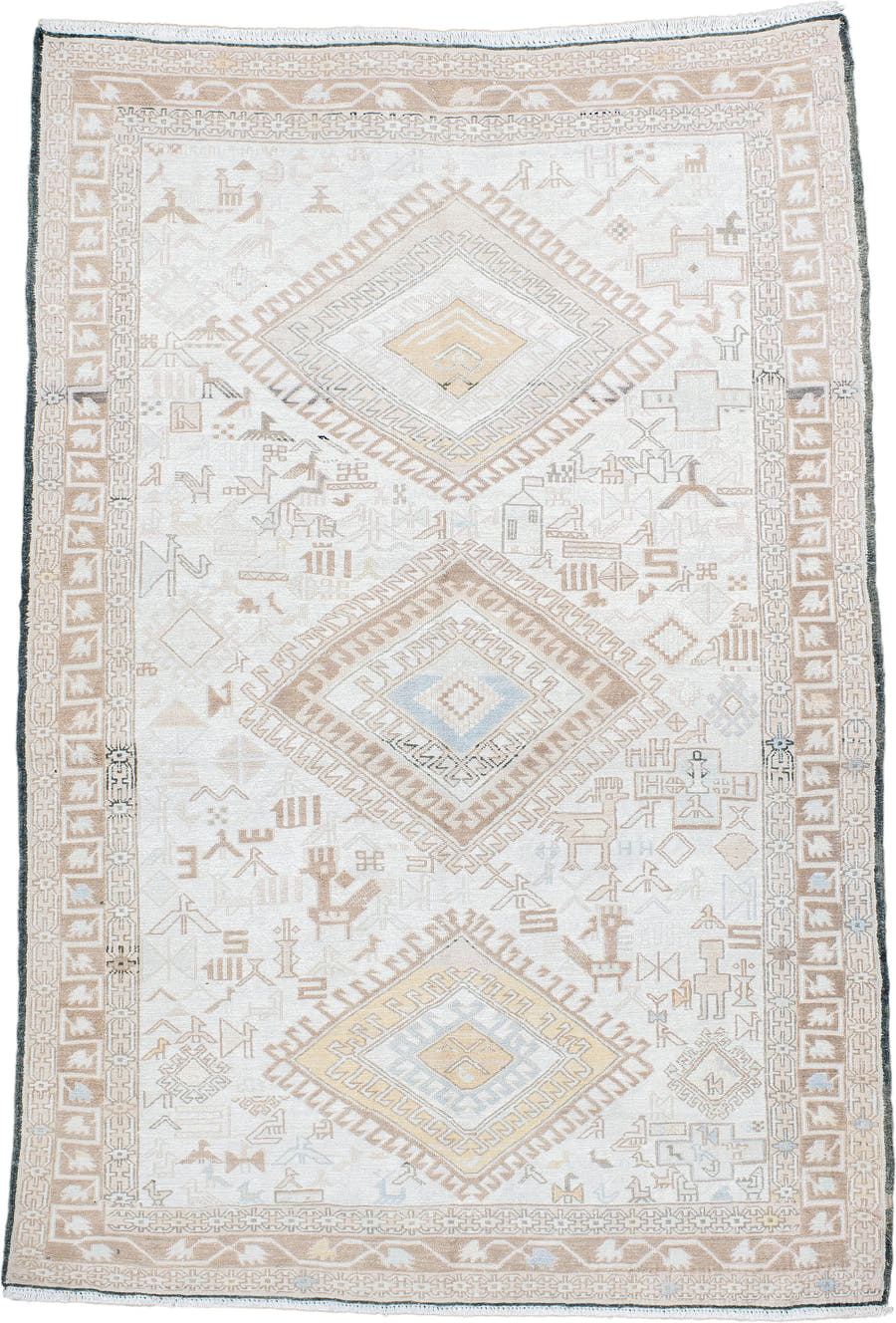 4' x 5' one-of-a-kind handmade antique Sumak small size rug. Color palette: ivory, camel, taupe, pale blue, soft gold, beige
