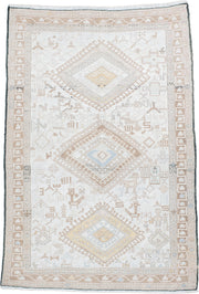 4' x 5' one-of-a-kind handmade antique Sumak small size rug. Color palette: ivory, camel, taupe, pale blue, soft gold, beige
