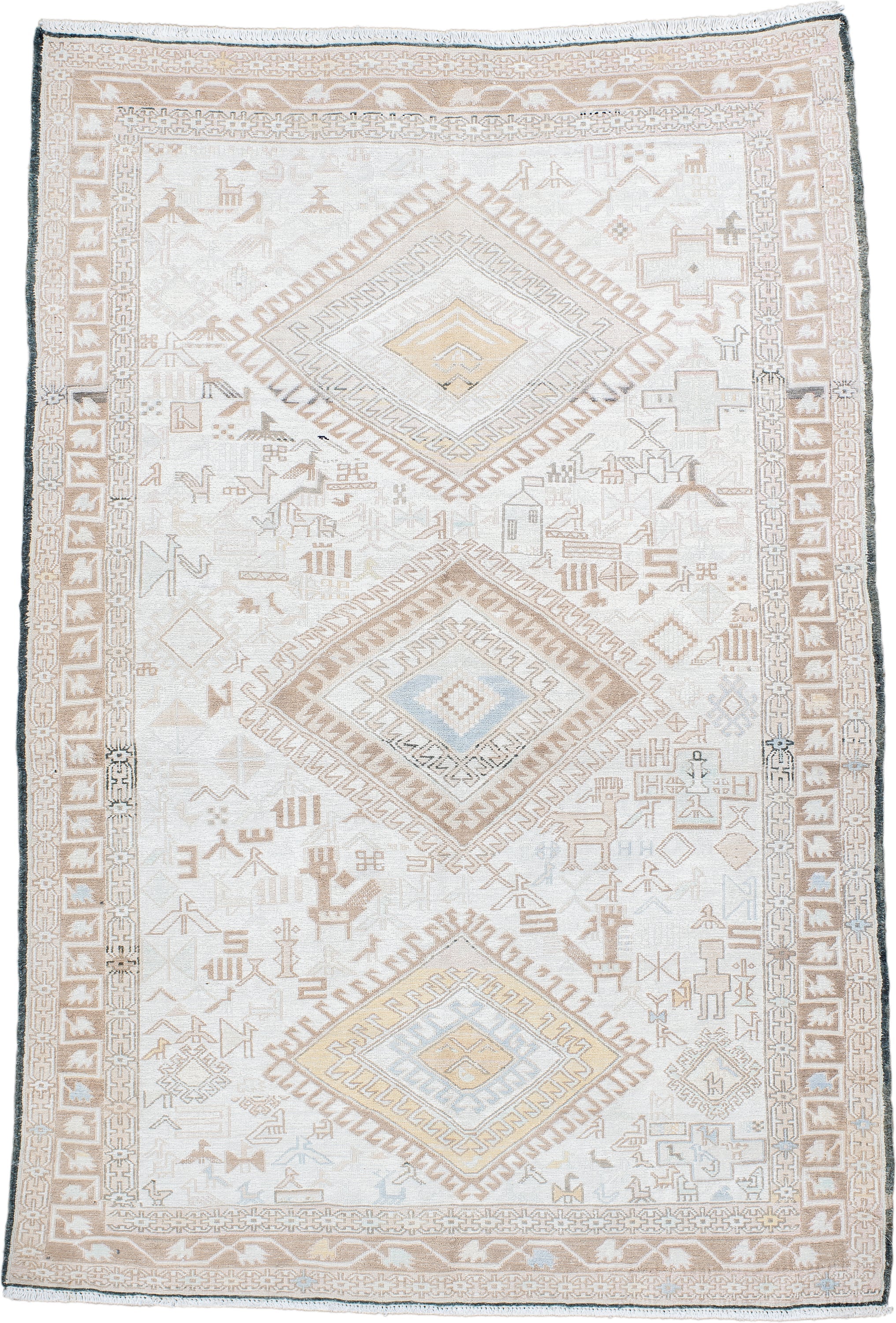 4' x 5' one-of-a-kind handmade antique Sumak small size rug. Color palette: ivory, camel, taupe, pale blue, soft gold, beige