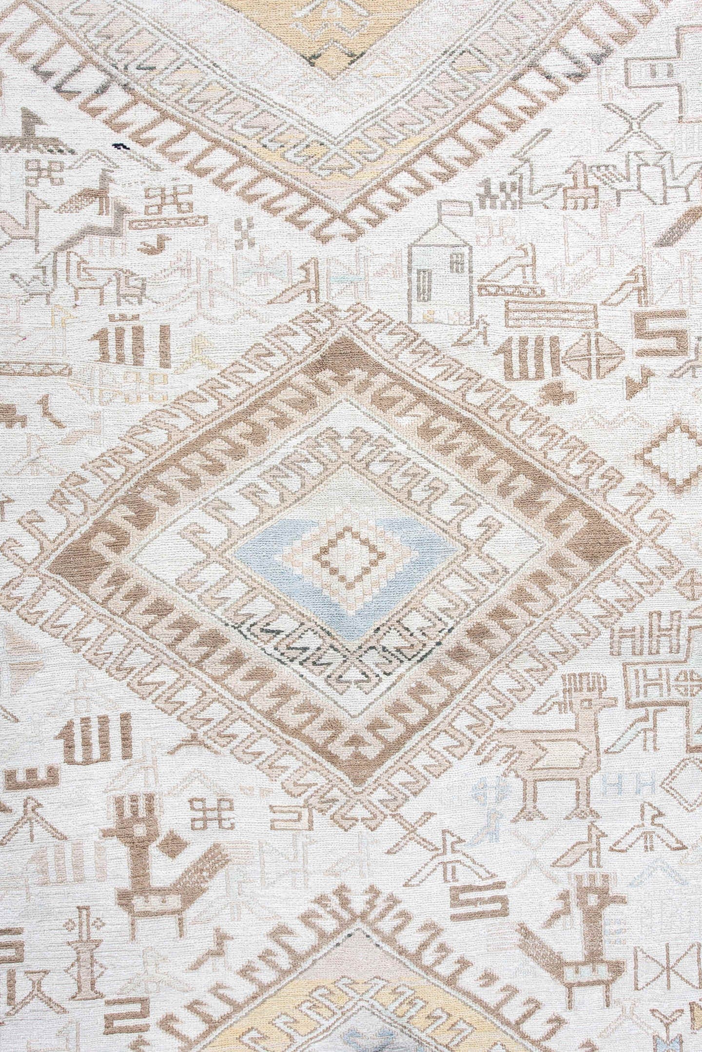 4' x 5' one-of-a-kind handmade antique Sumak small size rug. Color palette: ivory, camel, taupe, pale blue, soft gold, beige