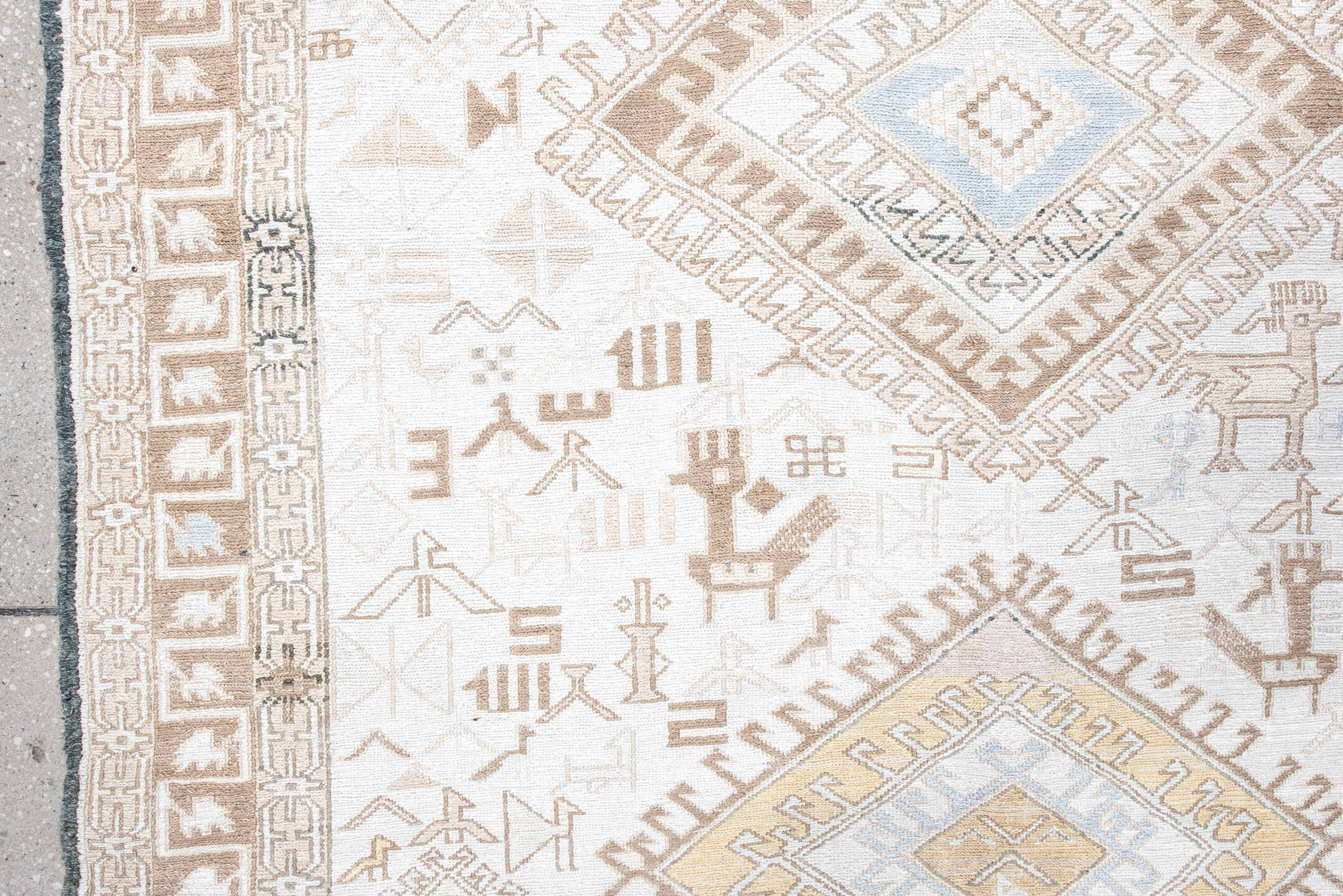 4' x 5' one-of-a-kind handmade antique Sumak small size rug. Color palette: ivory, camel, taupe, pale blue, soft gold, beige