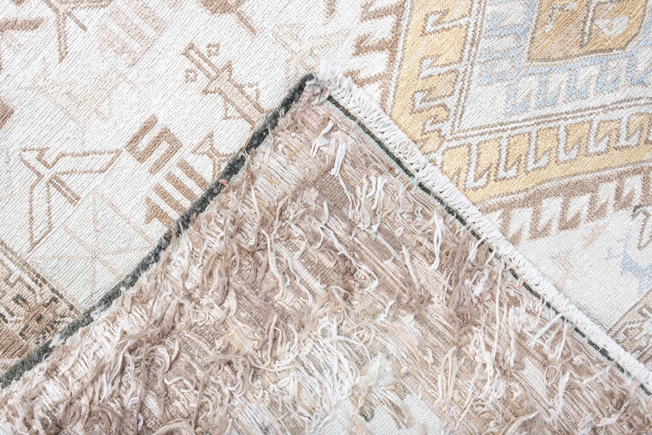 4' x 5' one-of-a-kind handmade antique Sumak small size rug. Color palette: ivory, camel, taupe, pale blue, soft gold, beige