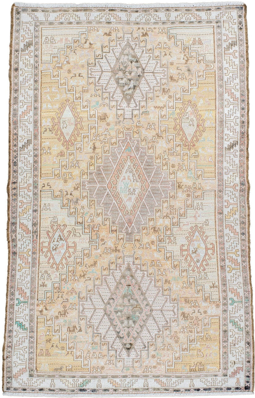 3' x 6' one-of-a-kind handmade antique Sumak small size rug. Color palette: ivory, taupe, sand, blush, pale aqua, camel