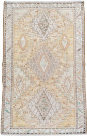 3' x 6' one-of-a-kind handmade antique Sumak small size rug. Color palette: ivory, taupe, sand, blush, pale aqua, camel