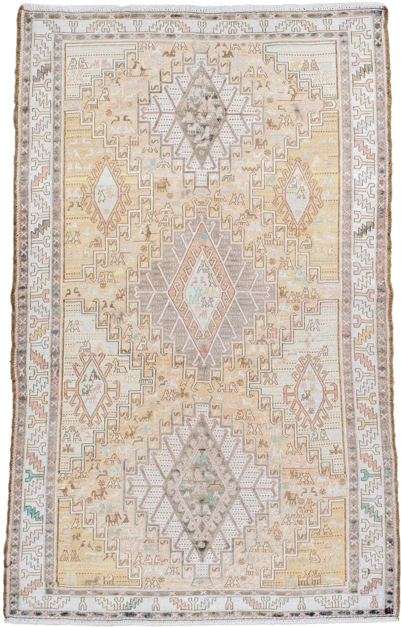 3' x 6' one-of-a-kind handmade antique Sumak small size rug. Color palette: ivory, taupe, sand, blush, pale aqua, camel