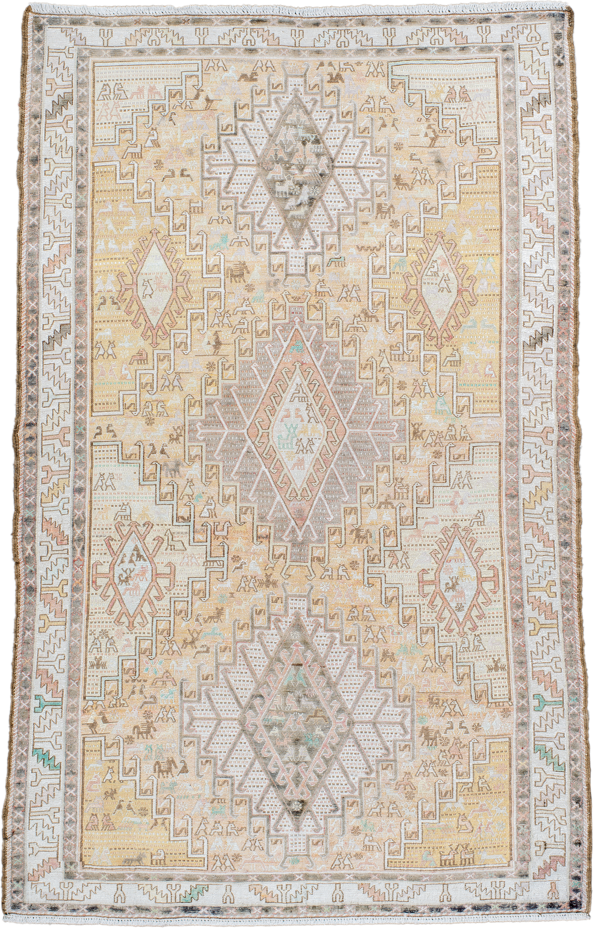 3' x 6' one-of-a-kind handmade antique Sumak small size rug. Color palette: ivory, taupe, sand, blush, pale aqua, camel