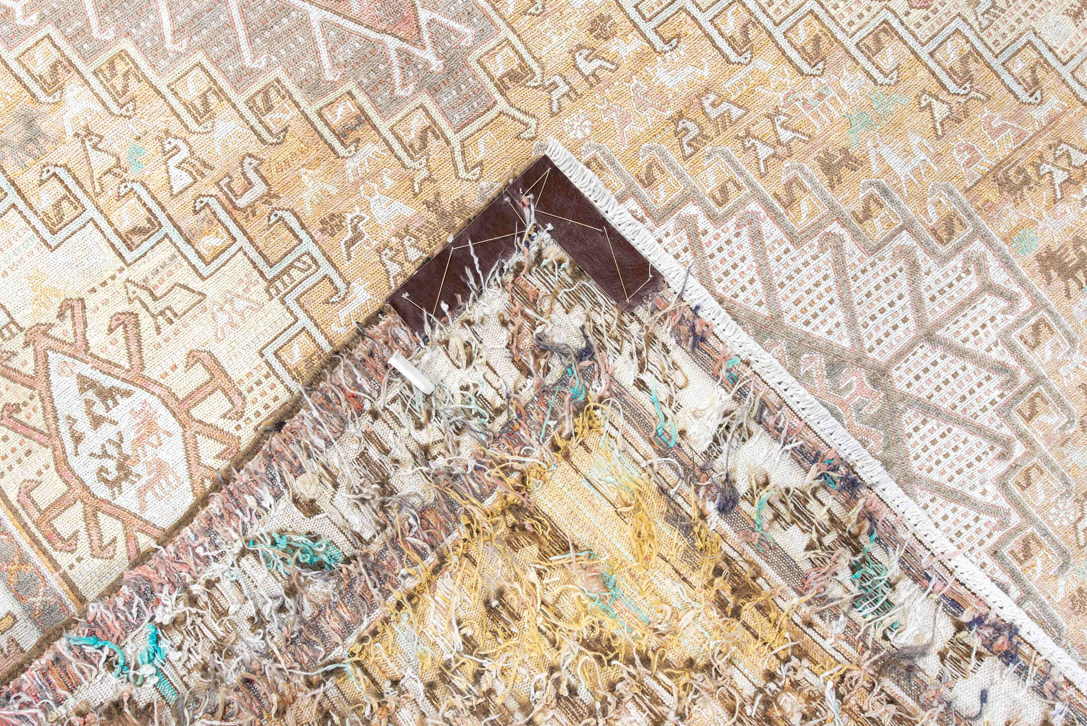 3' x 6' one-of-a-kind handmade antique Sumak small size rug. Color palette: ivory, taupe, sand, blush, pale aqua, camel