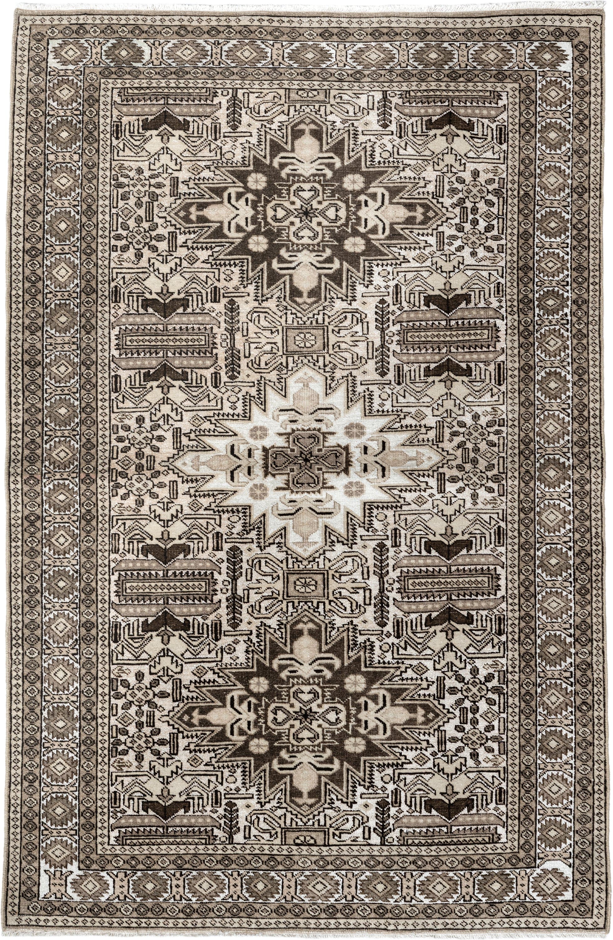 3' x 4' one-of-a-kind handmade vintage Ardebil small size rug. Color palette: ivory, brown, taupe, camel, charcoal, beige