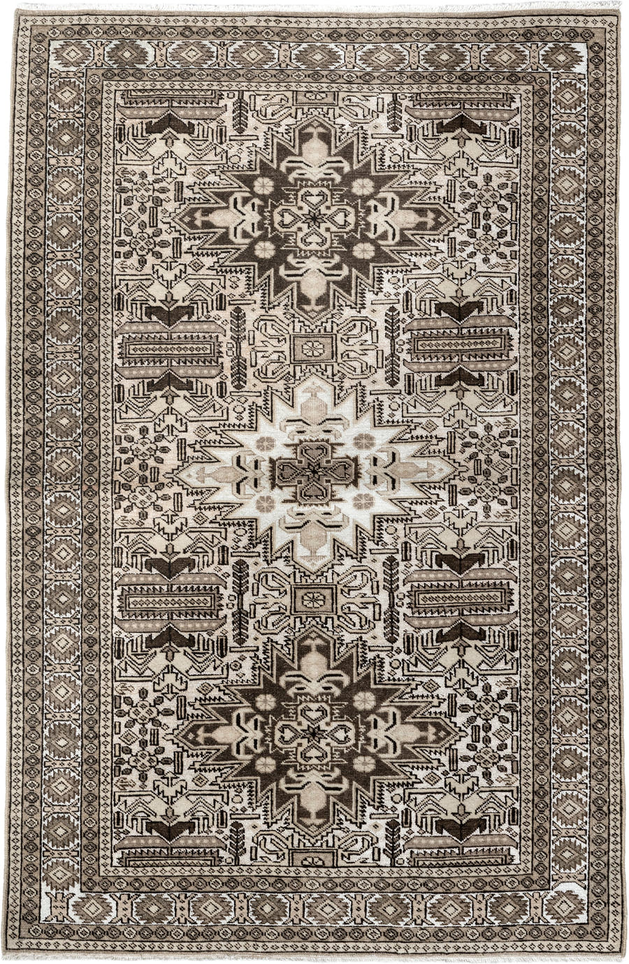 3' x 4' one-of-a-kind handmade vintage Ardebil small size rug. Color palette: ivory, brown, taupe, camel, charcoal, beige