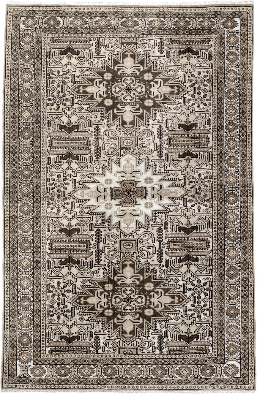3' x 4' one-of-a-kind handmade vintage Ardebil small size rug. Color palette: ivory, brown, taupe, camel, charcoal, beige