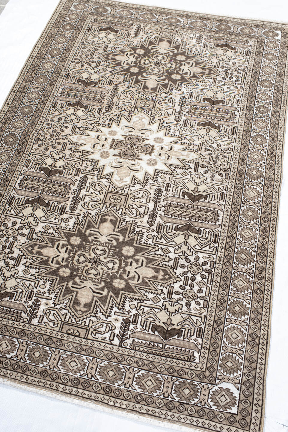 3' x 4' one-of-a-kind handmade vintage Ardebil small size rug. Color palette: ivory, brown, taupe, camel, charcoal, beige