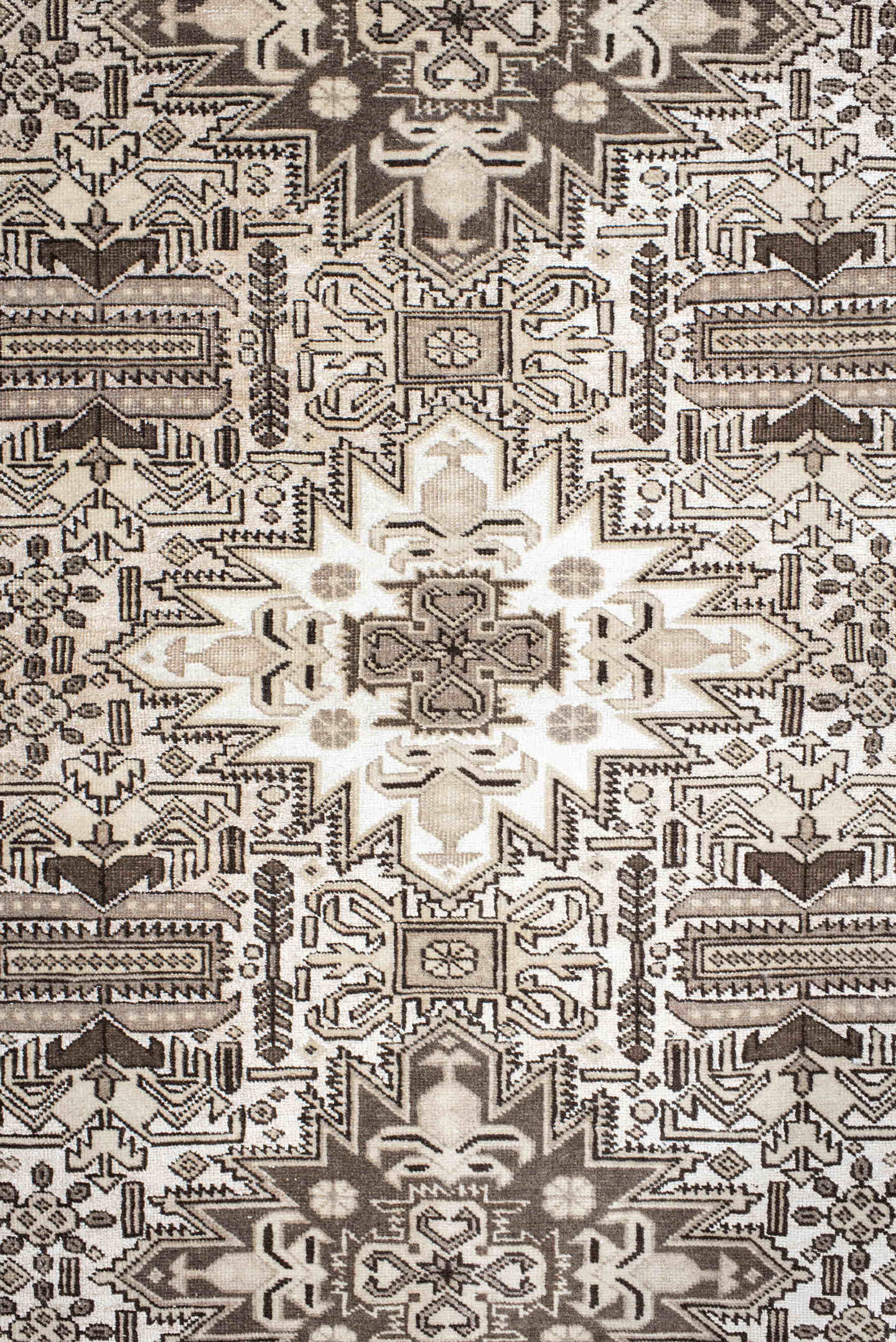 3' x 4' one-of-a-kind handmade vintage Ardebil small size rug. Color palette: ivory, brown, taupe, camel, charcoal, beige