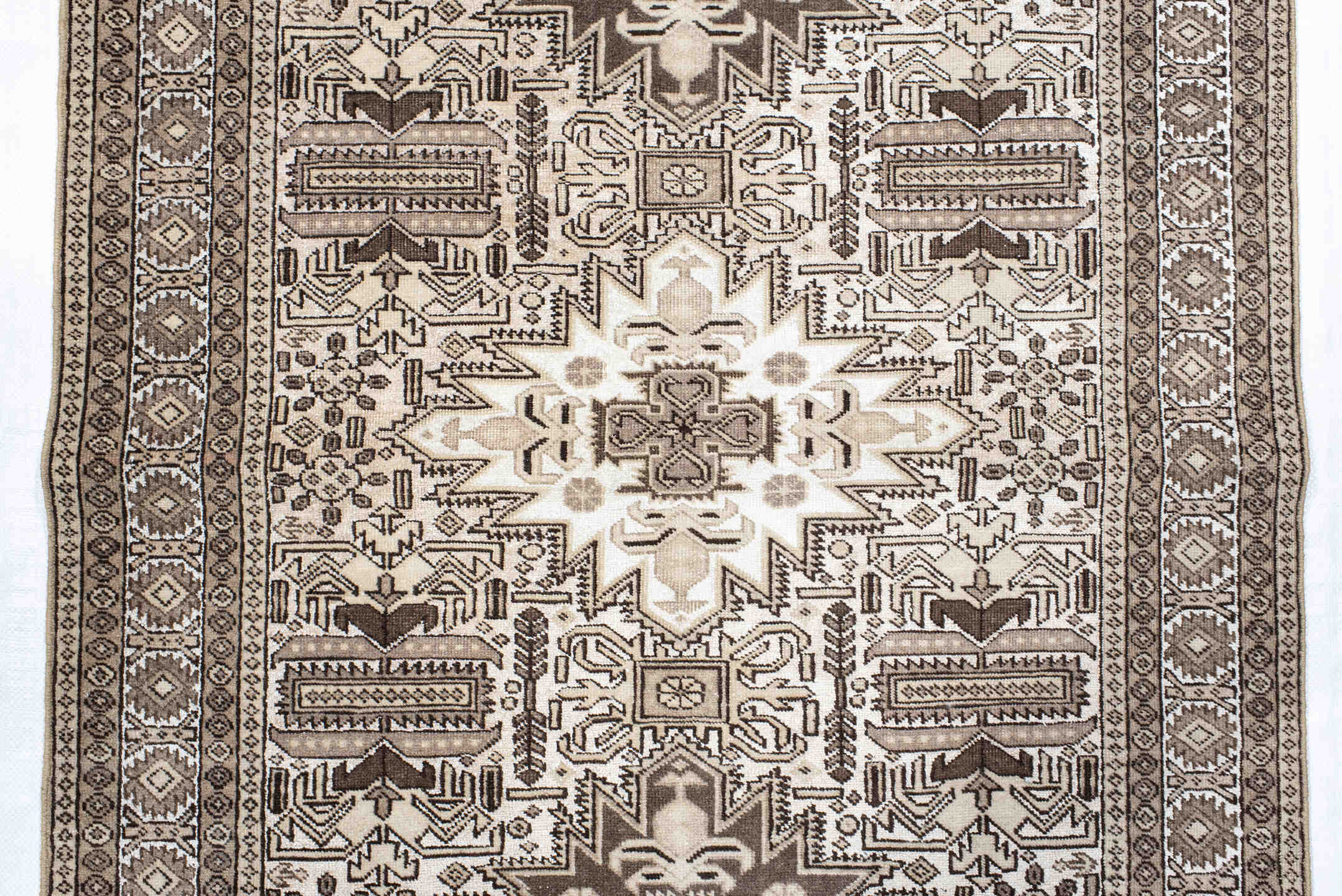 3' x 4' one-of-a-kind handmade vintage Ardebil small size rug. Color palette: ivory, brown, taupe, camel, charcoal, beige