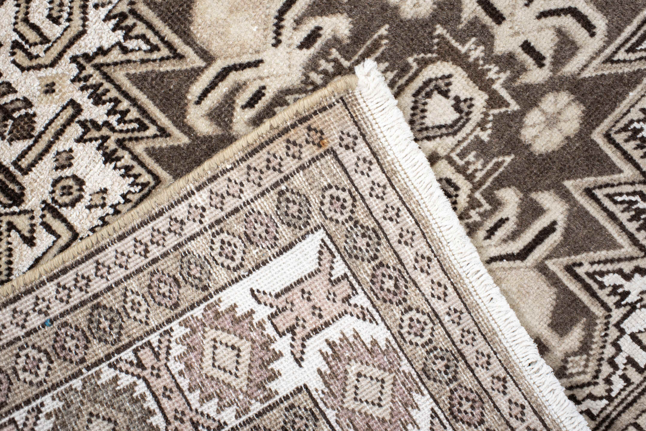 3' x 4' one-of-a-kind handmade vintage Ardebil small size rug. Color palette: ivory, brown, taupe, camel, charcoal, beige