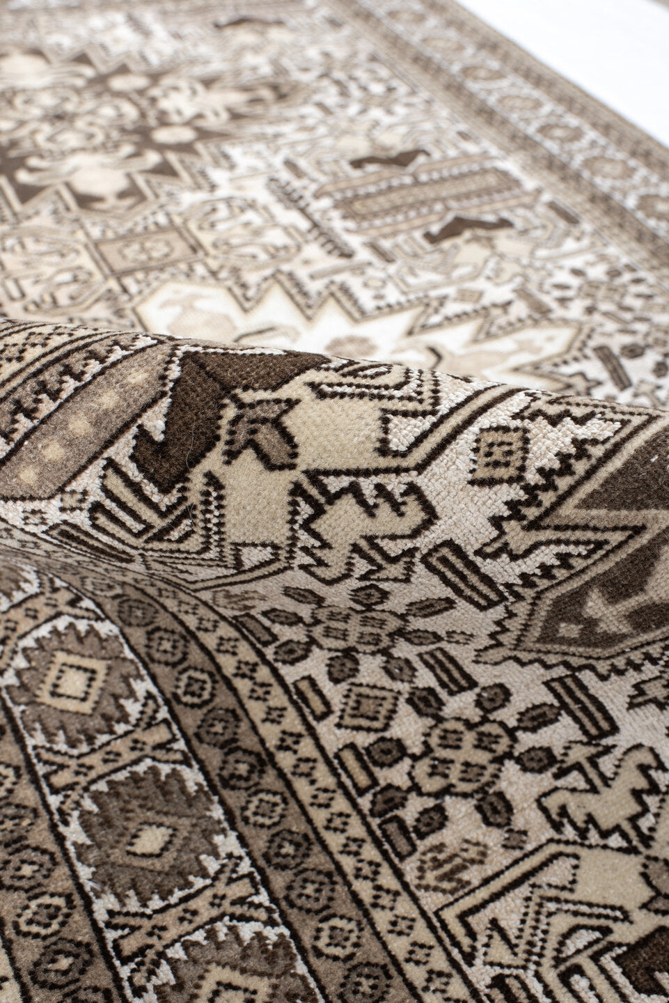 3' x 4' one-of-a-kind handmade vintage Ardebil small size rug. Color palette: ivory, brown, taupe, camel, charcoal, beige