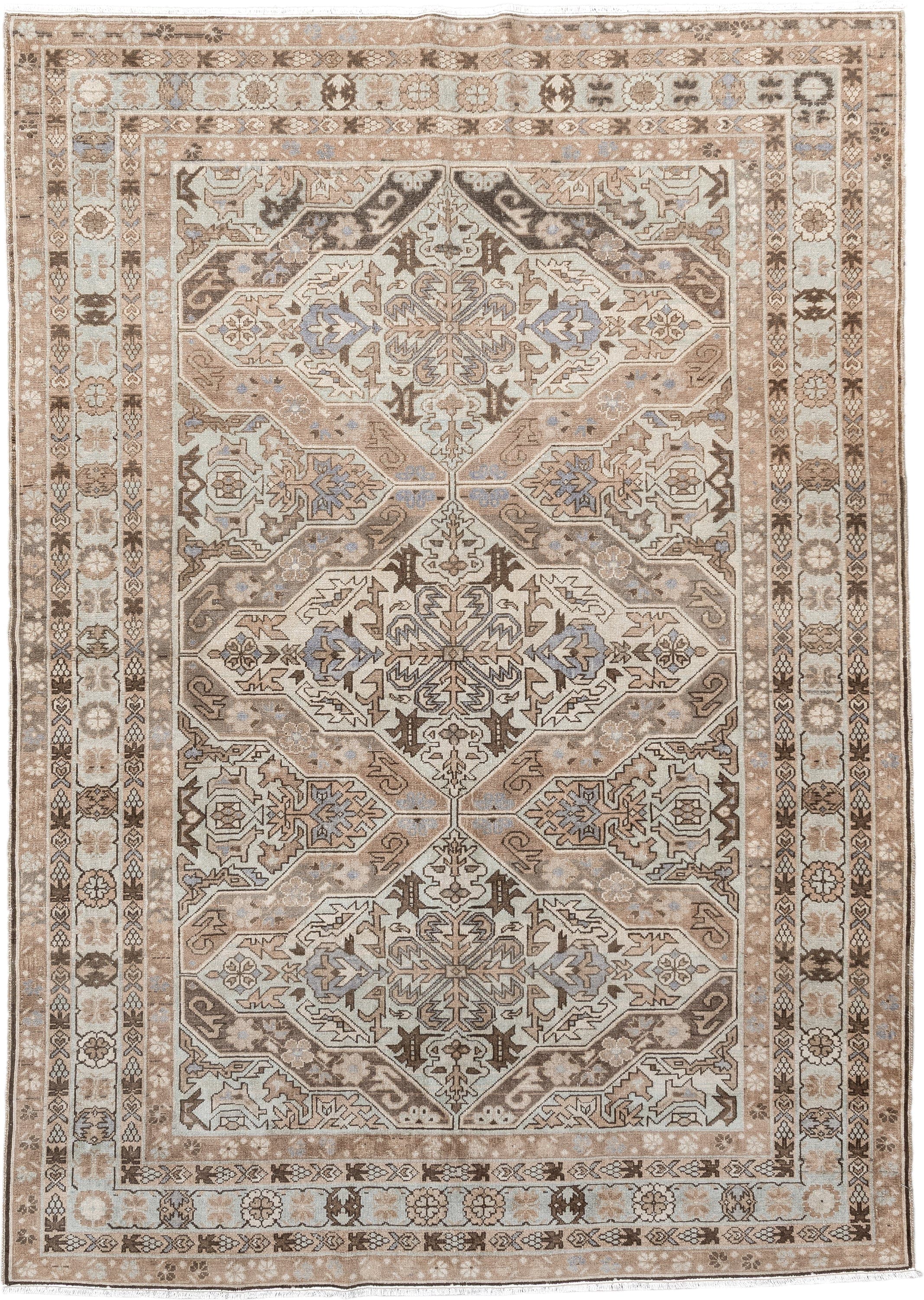 5' x 8' one-of-a-kind handmade antique Malayer medium size rug. Color palette: ivory, taupe, brown, beige, pale blue, camel