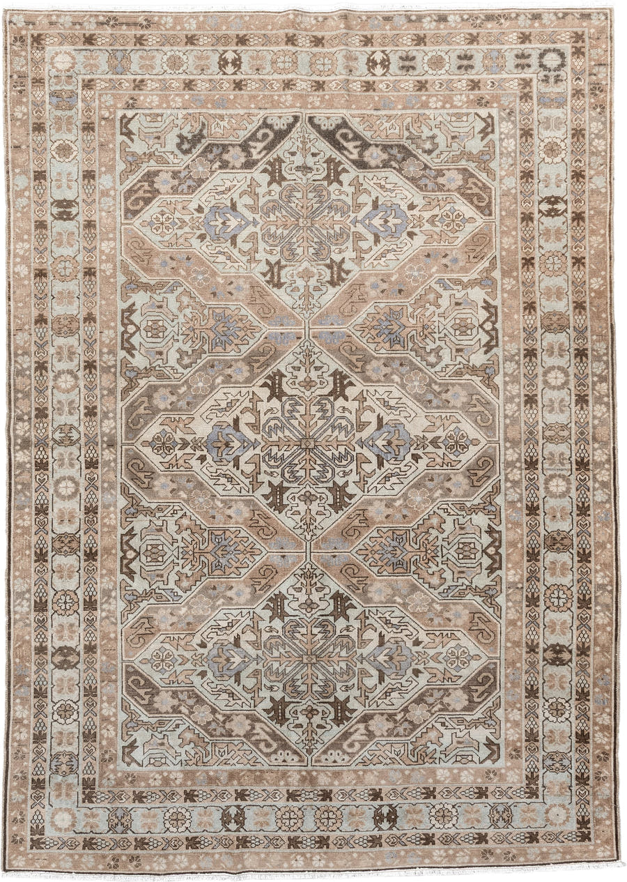 5' x 8' one-of-a-kind handmade antique Malayer medium size rug. Color palette: ivory, taupe, brown, beige, pale blue, camel