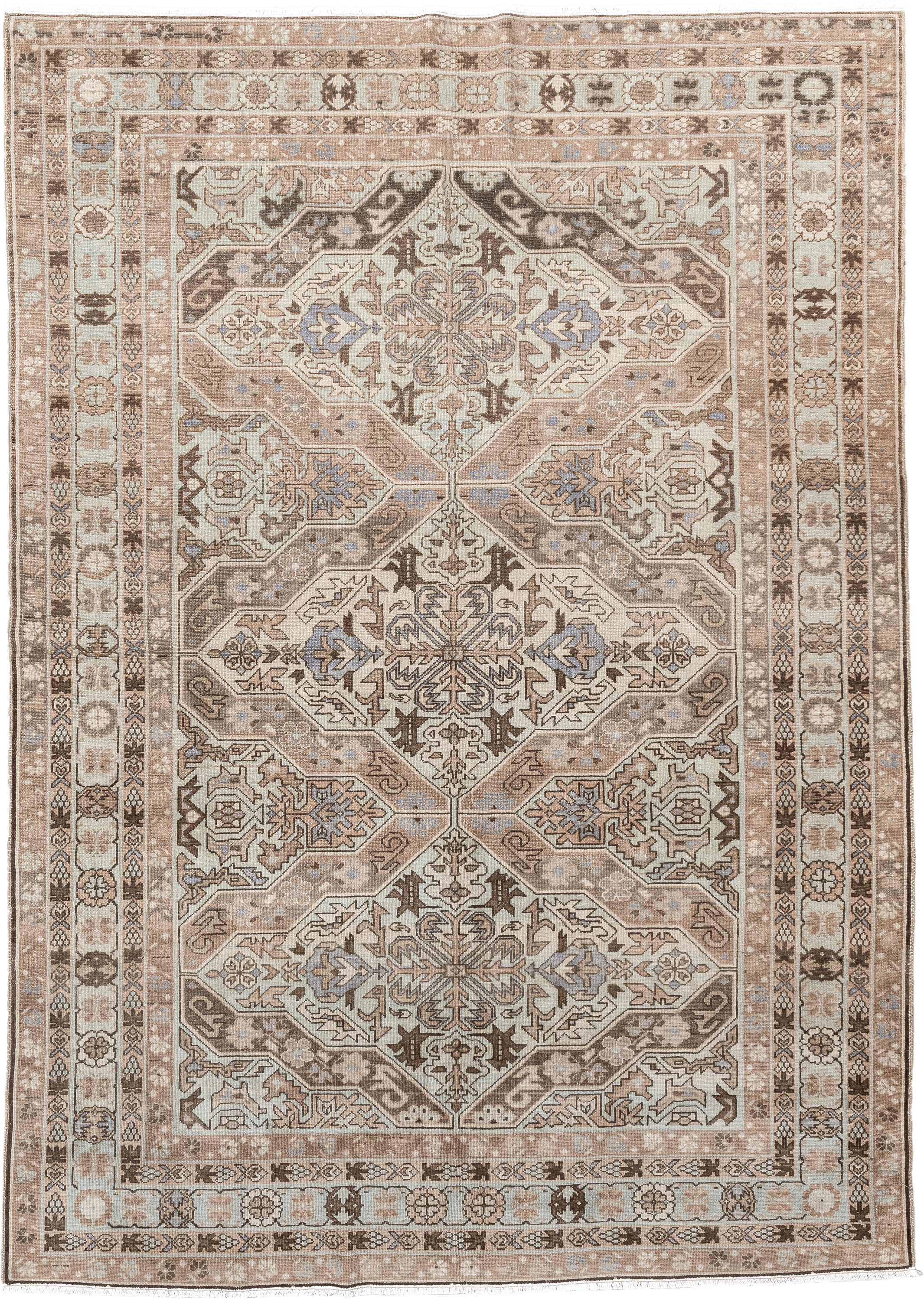 5' x 8' one-of-a-kind handmade antique Malayer medium size rug. Color palette: ivory, taupe, brown, beige, pale blue, camel