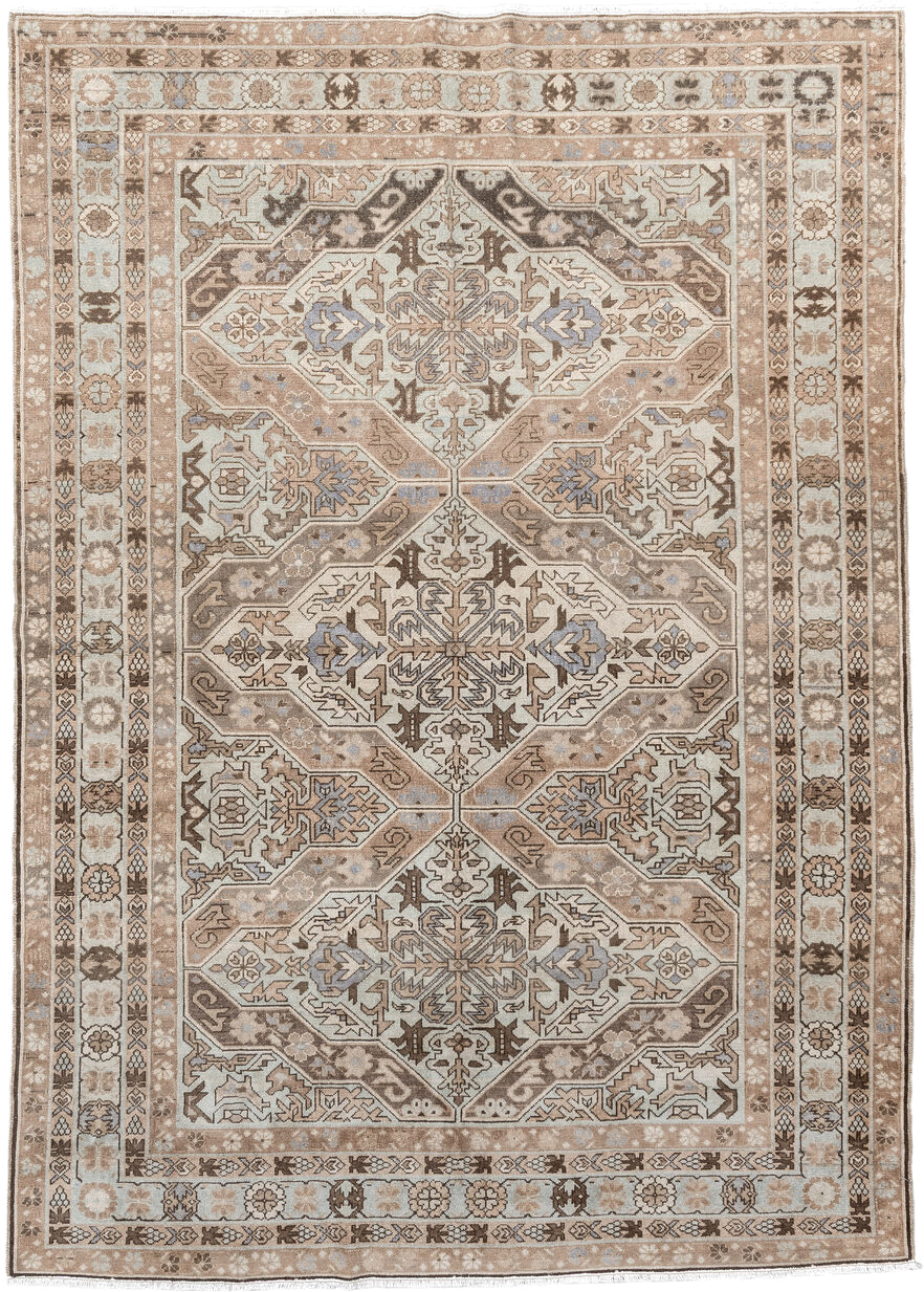 5' x 8' one-of-a-kind handmade antique Malayer medium size rug. Color palette: ivory, taupe, brown, beige, pale blue, camel