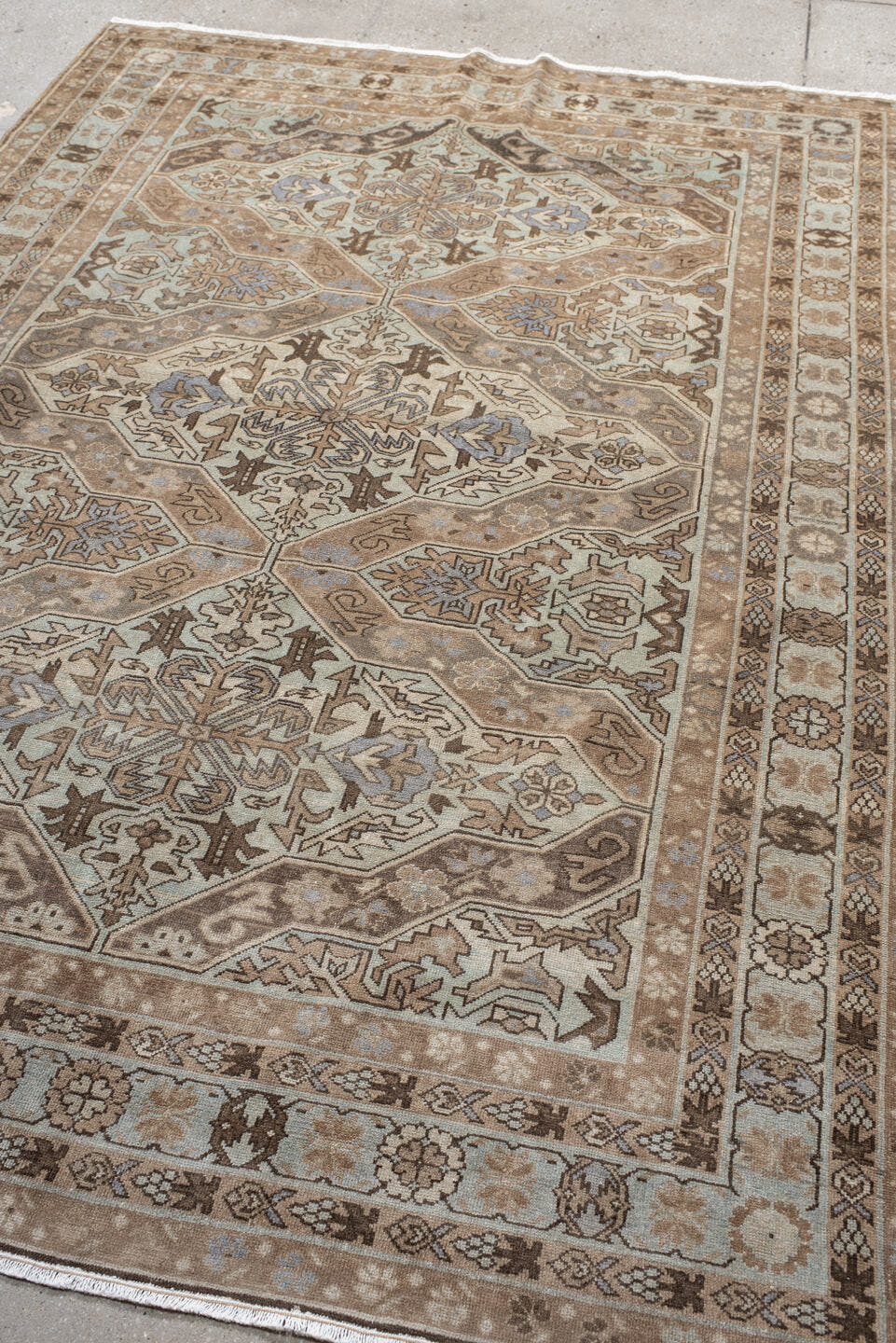 5' x 8' one-of-a-kind handmade antique Malayer medium size rug. Color palette: ivory, taupe, brown, beige, pale blue, camel