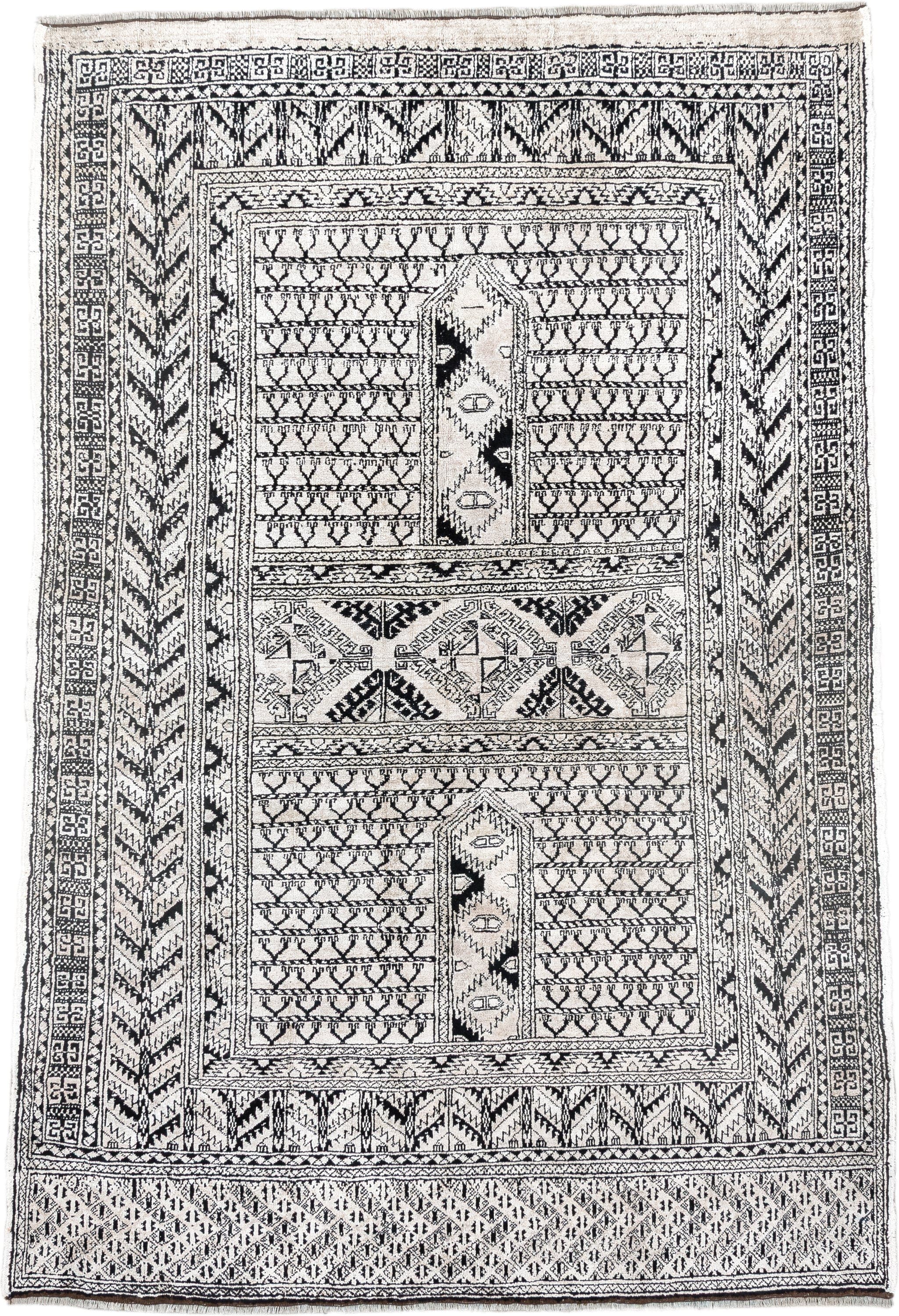 3' x 5' one-of-a-kind handmade vintage Afghan small size rug. Color palette: ivory, charcoal, black, gray