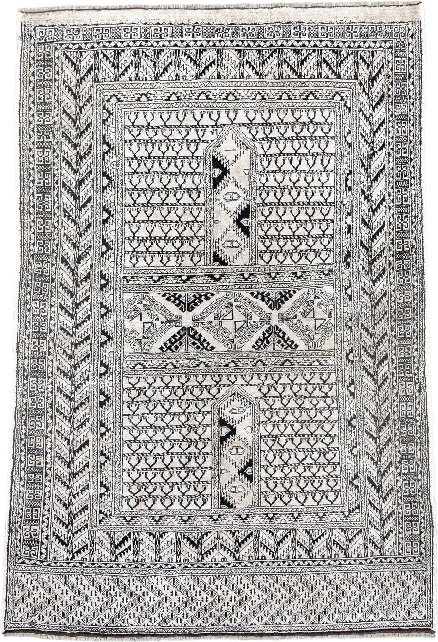 3' x 5' one-of-a-kind handmade vintage Afghan small size rug. Color palette: ivory, charcoal, black, gray