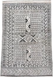 3' x 5' one-of-a-kind handmade vintage Afghan small size rug. Color palette: ivory, charcoal, black, gray