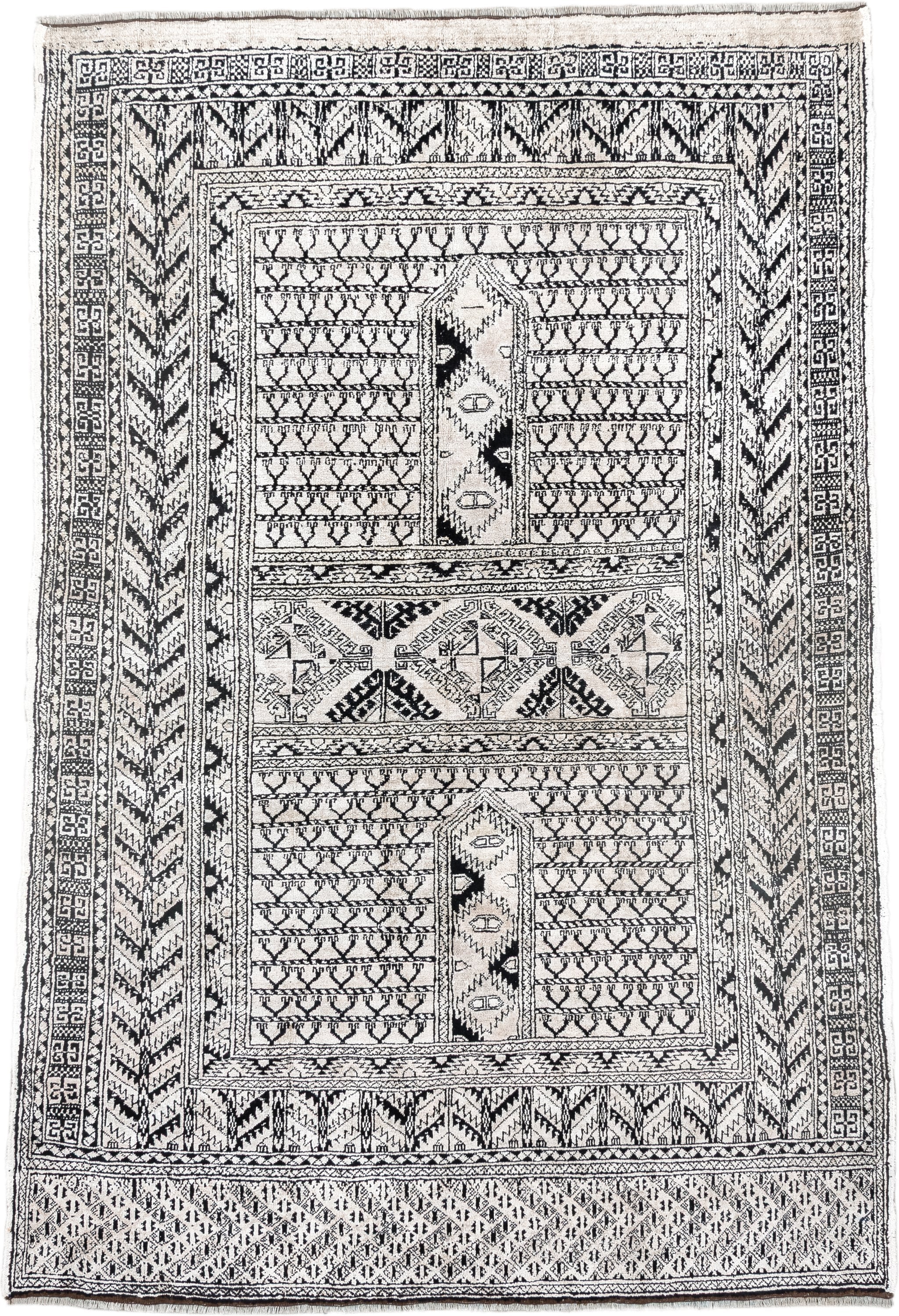 3' x 5' one-of-a-kind handmade vintage Afghan small size rug. Color palette: ivory, charcoal, black, gray
