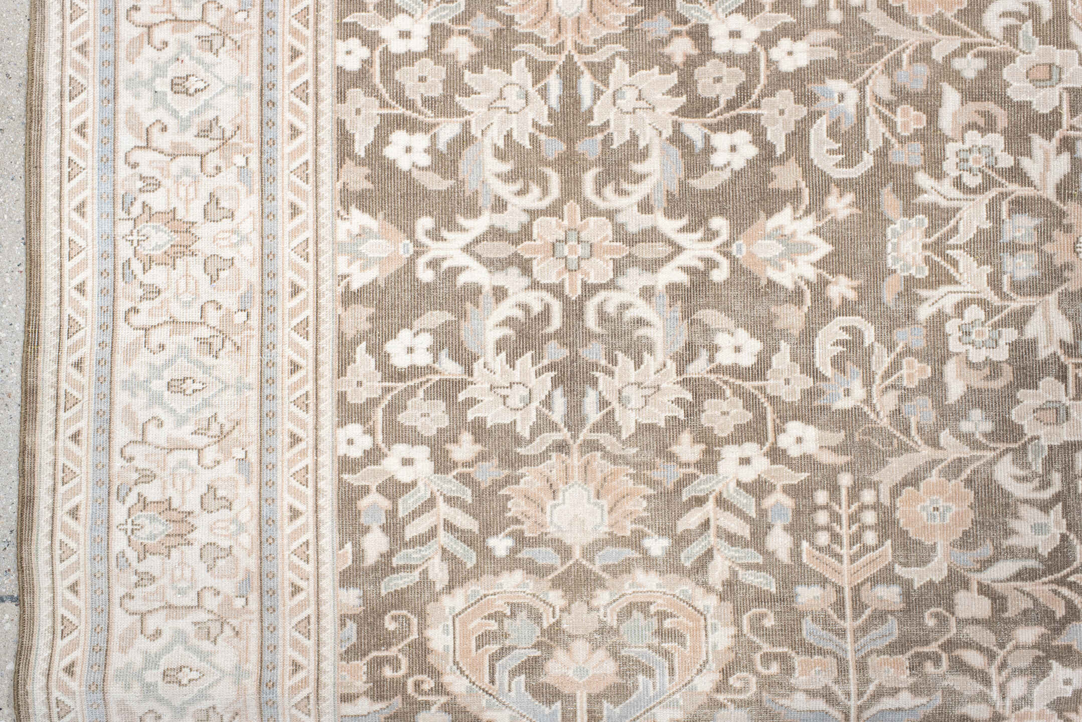 6' x 7' one-of-a-kind handmade antique Sivas rug. Color palette: taupe, ivory, beige, blush, pale blue, cream, sand, gray