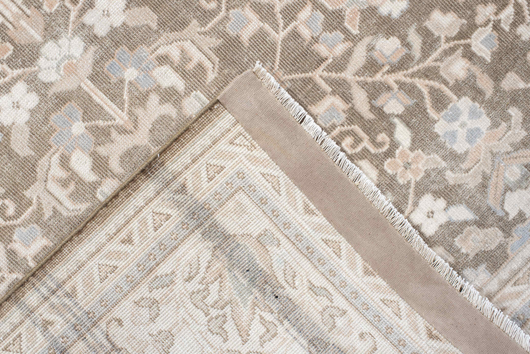 6' x 7' one-of-a-kind handmade antique Sivas rug. Color palette: taupe, ivory, beige, blush, pale blue, cream, sand, gray