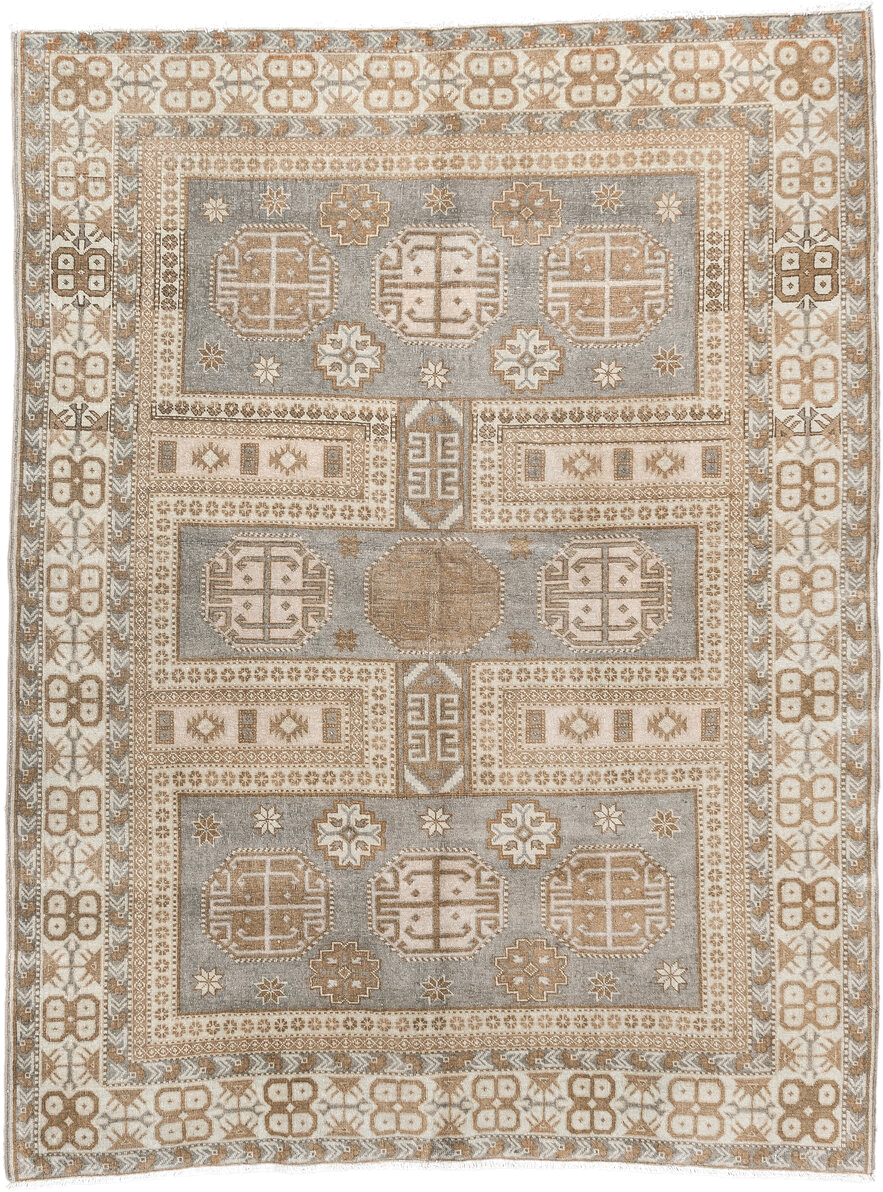4' x 5' one-of-a-kind handmade vintage Sivas small size rug. Color palette: ivory, taupe, gray, camel, beige