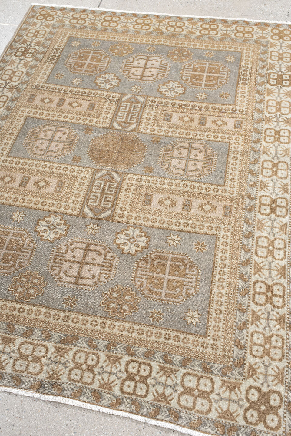 4' x 5' one-of-a-kind handmade vintage Sivas small size rug. Color palette: ivory, taupe, gray, camel, beige
