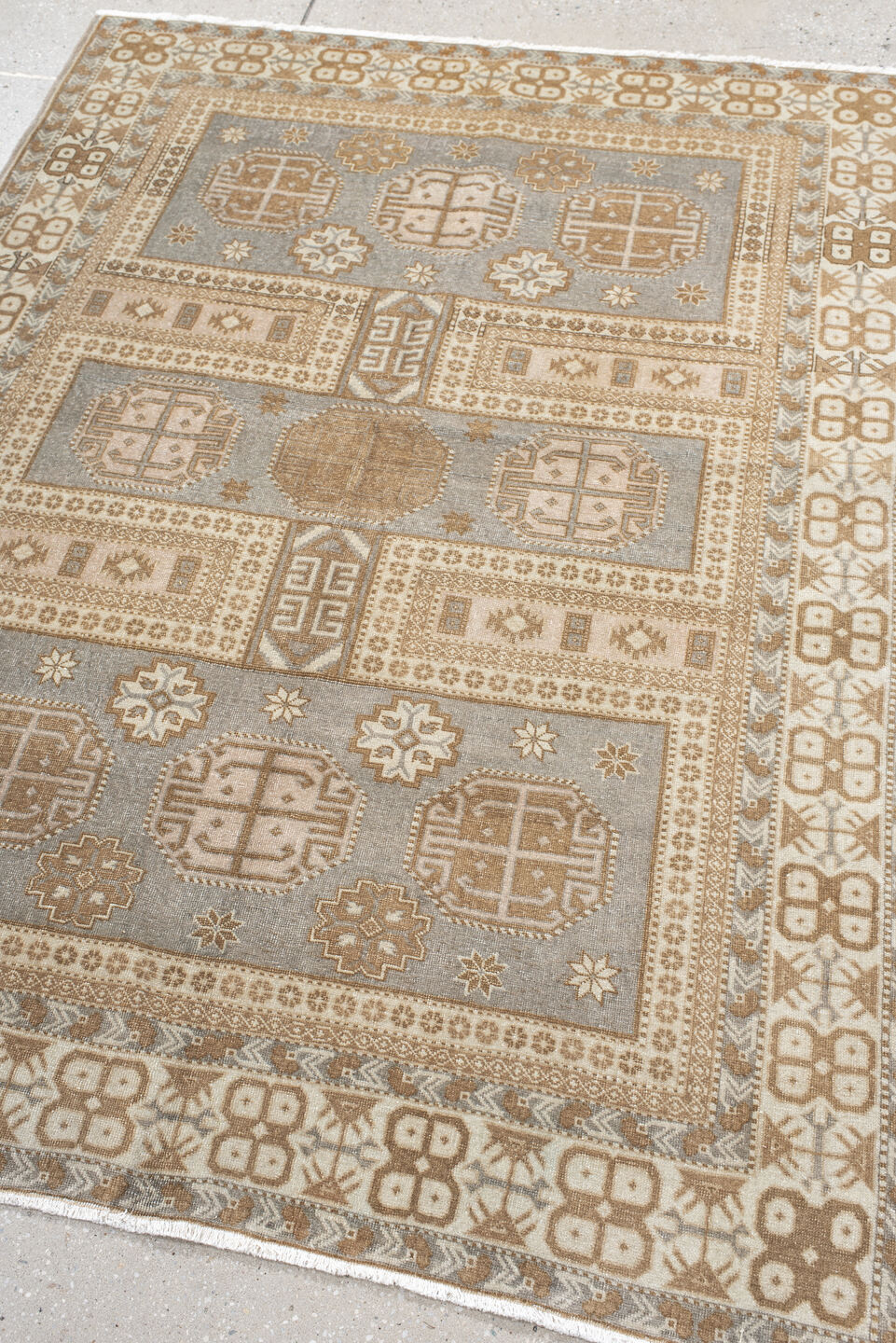 4' x 5' one-of-a-kind handmade vintage Sivas small size rug. Color palette: ivory, taupe, gray, camel, beige