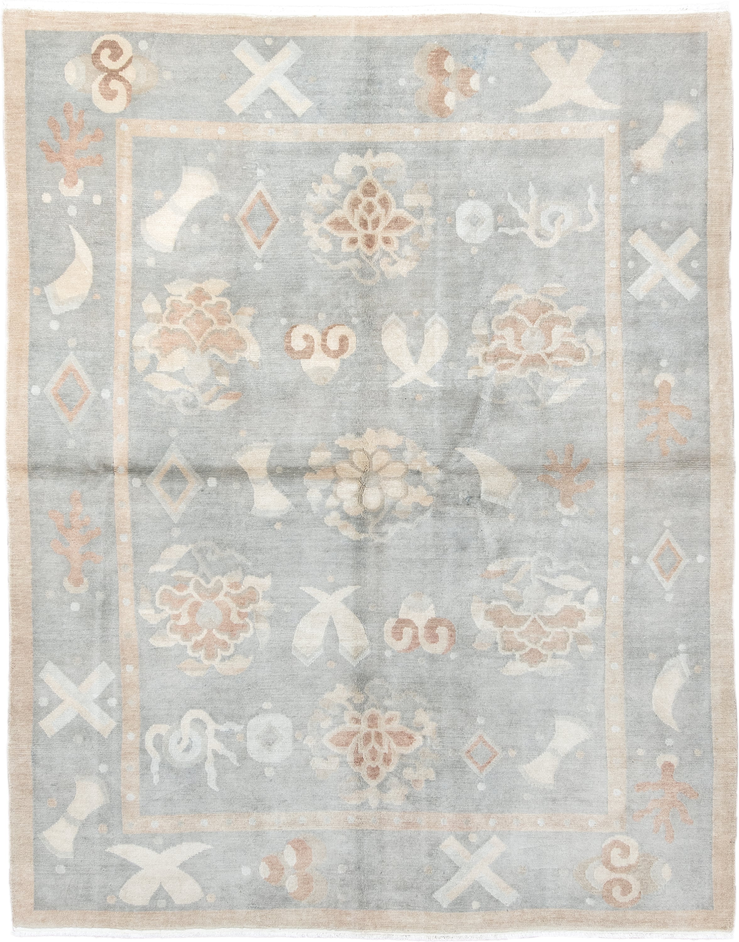 6' x 7' one-of-a-kind handmade antique Tibetan rug. Color palette: pale blue, ivory, blush, sand, taupe, light blue, pink